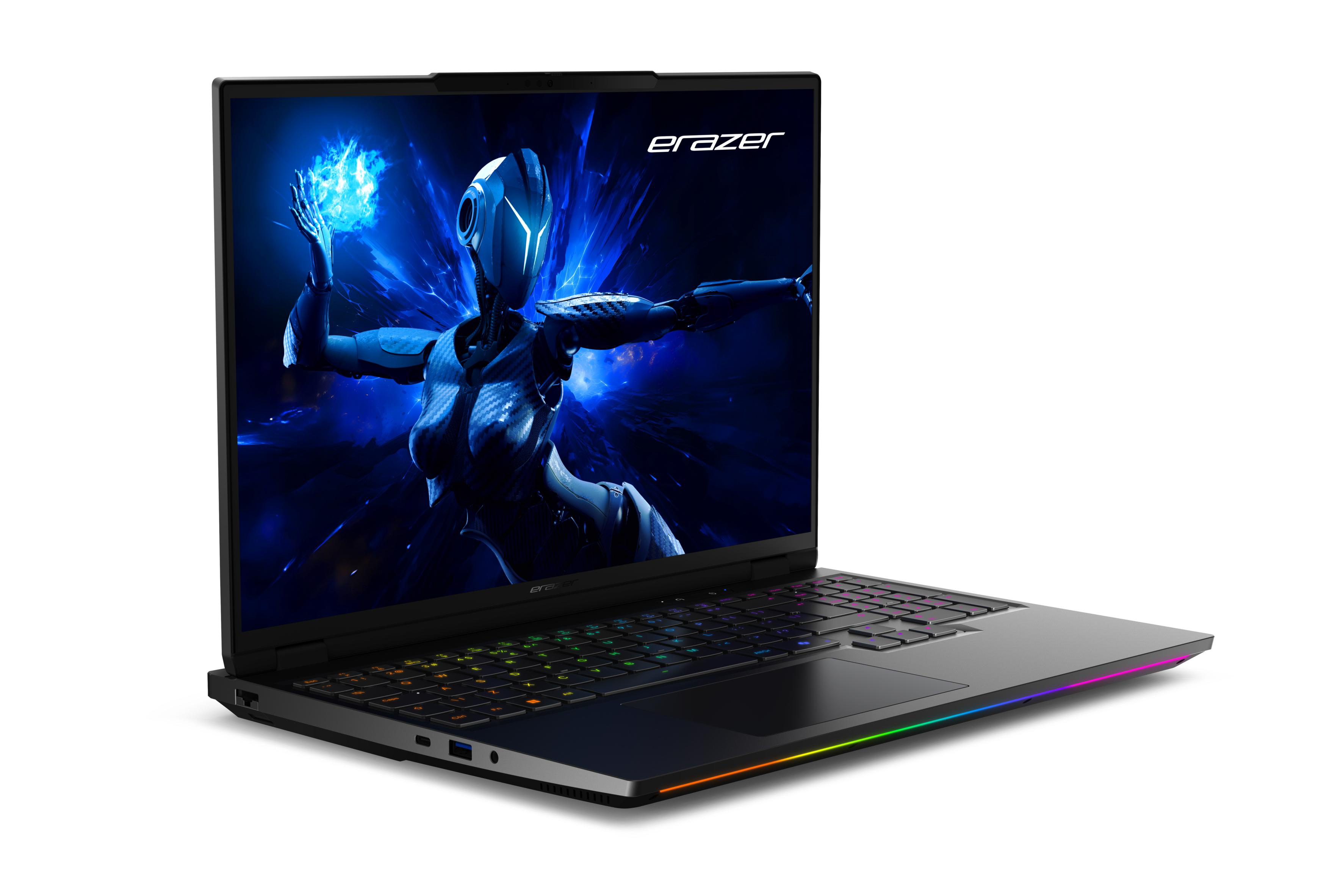 Schwarzer Laptop mit Bildschirm, der einen Roboter mit blauer Energiekugel zeigt.