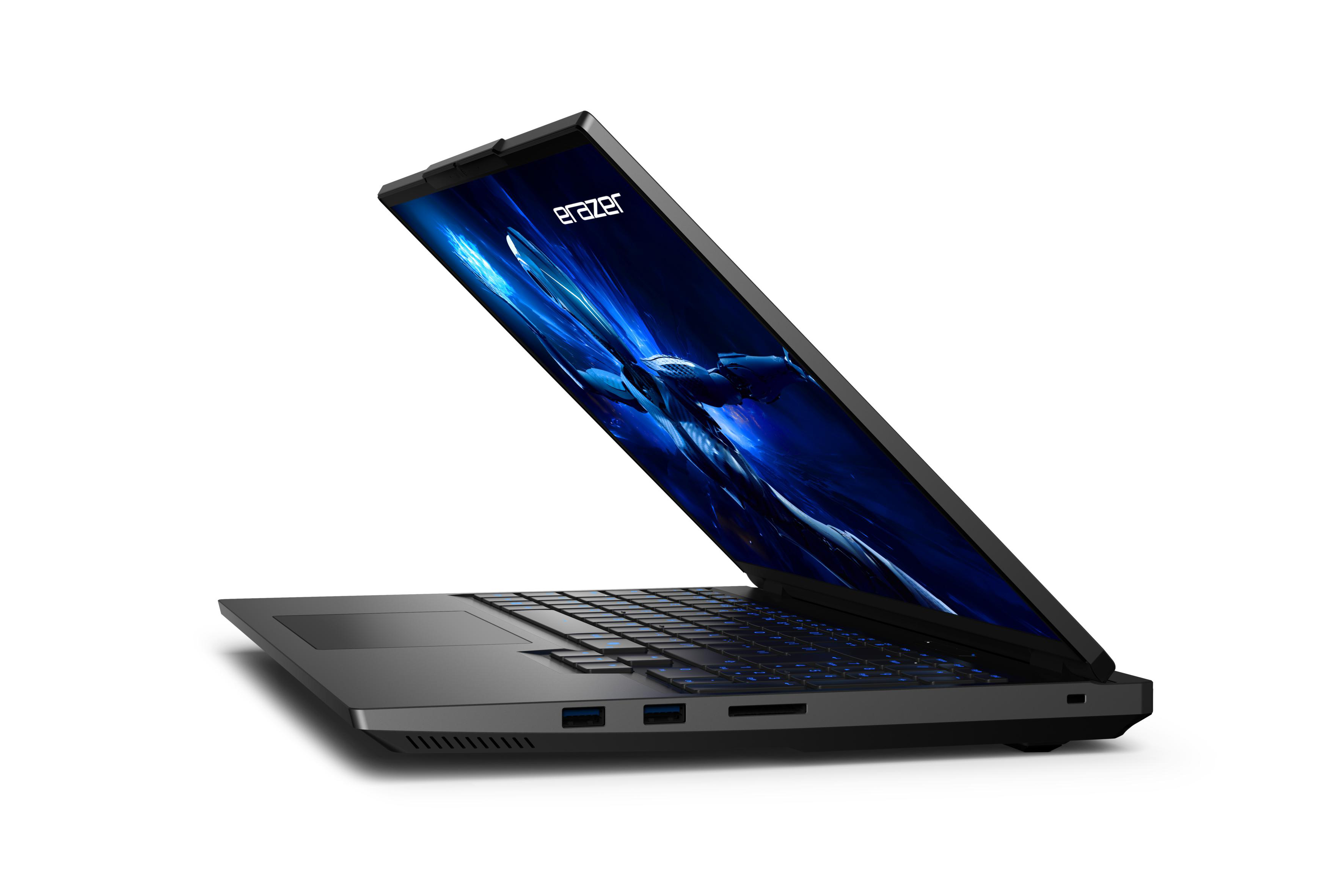Laptop, teilweise geöffnet. Bildschirm zeigt blaues und schwarzes abstraktes Design.