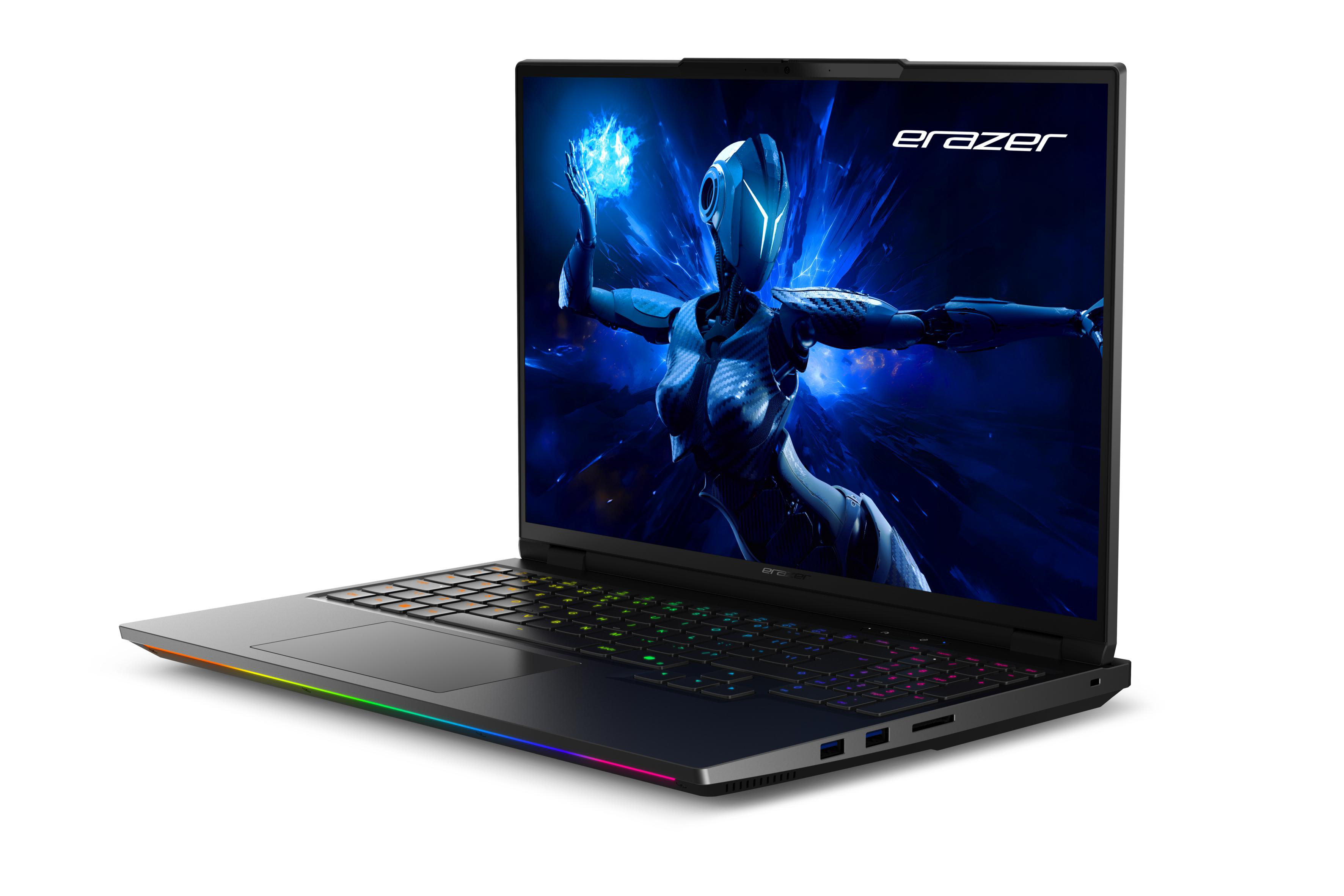 Ein schwarzer Laptop mit bunter Tastatur, mit einer blau-schwarzen Grafik auf dem Bildschirm.