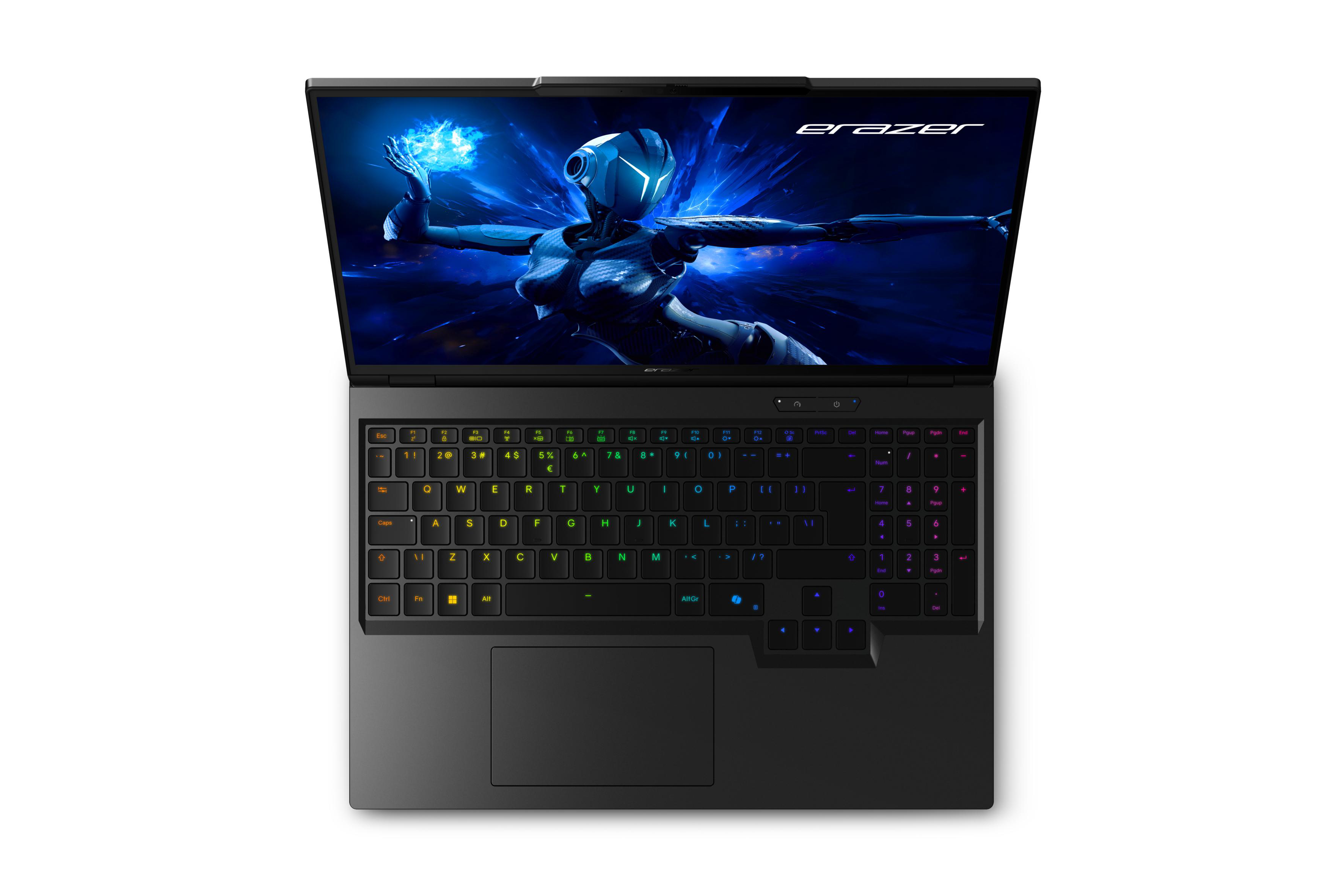 Schwarzer Laptop, offen, mit leuchtender Tastatur. Spielszene auf dem Bildschirm.
