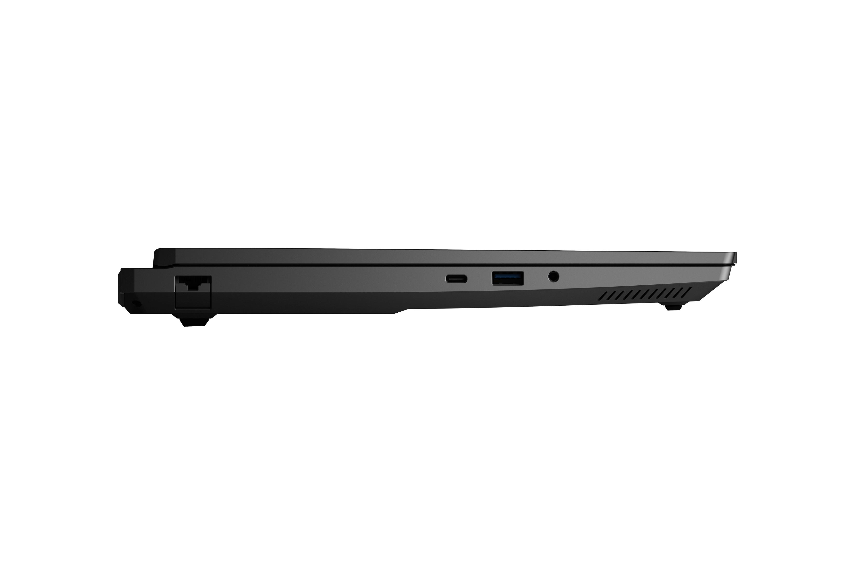 Ein schwarzer Laptop mit sichtbarem Seitenprofil. Die Anschlüsse sind sichtbar und der Laptop ist geschlossen.