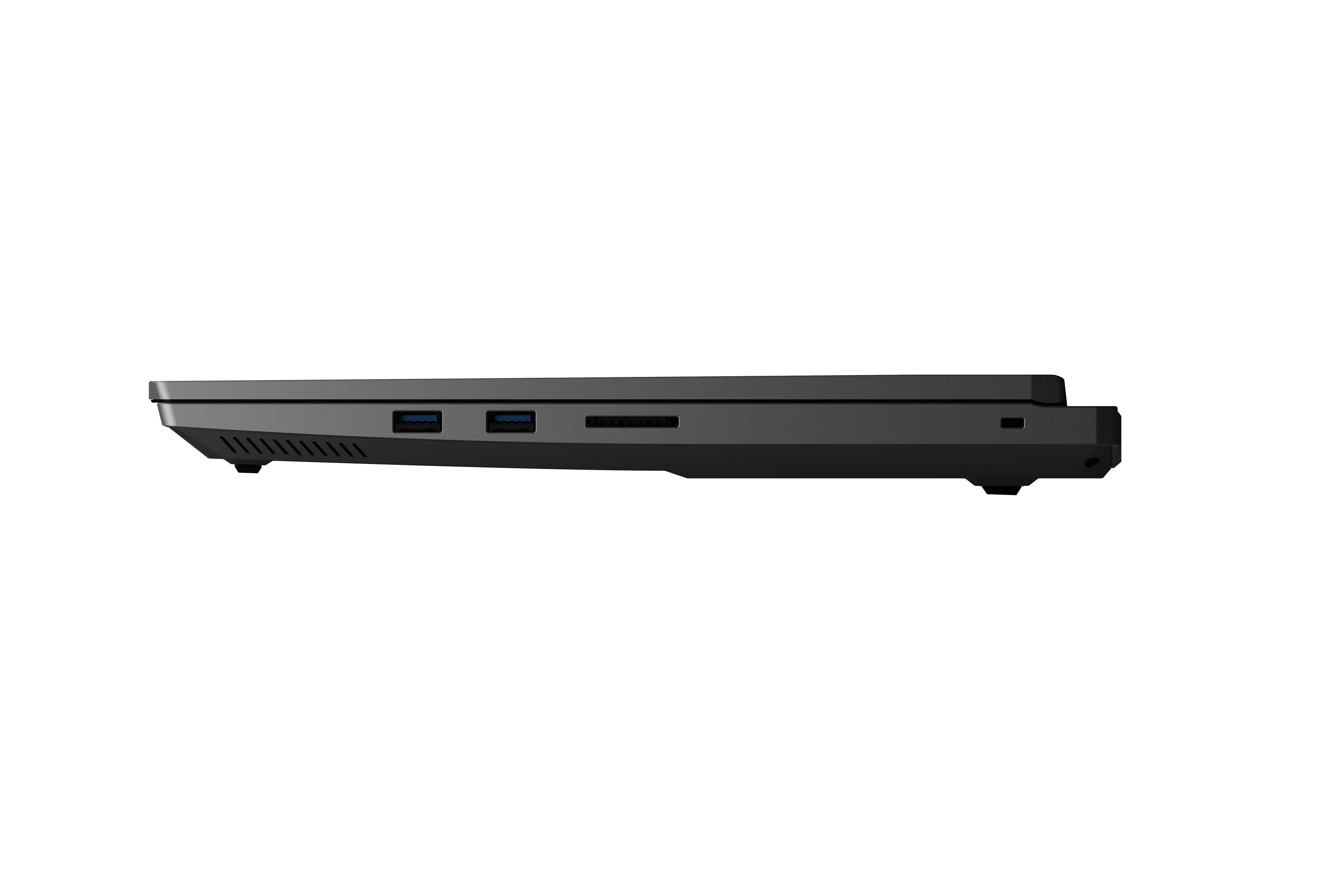 Seitenansicht eines schwarzen Laptops mit Anschlüssen. Es ist auf weißem Hintergrund.