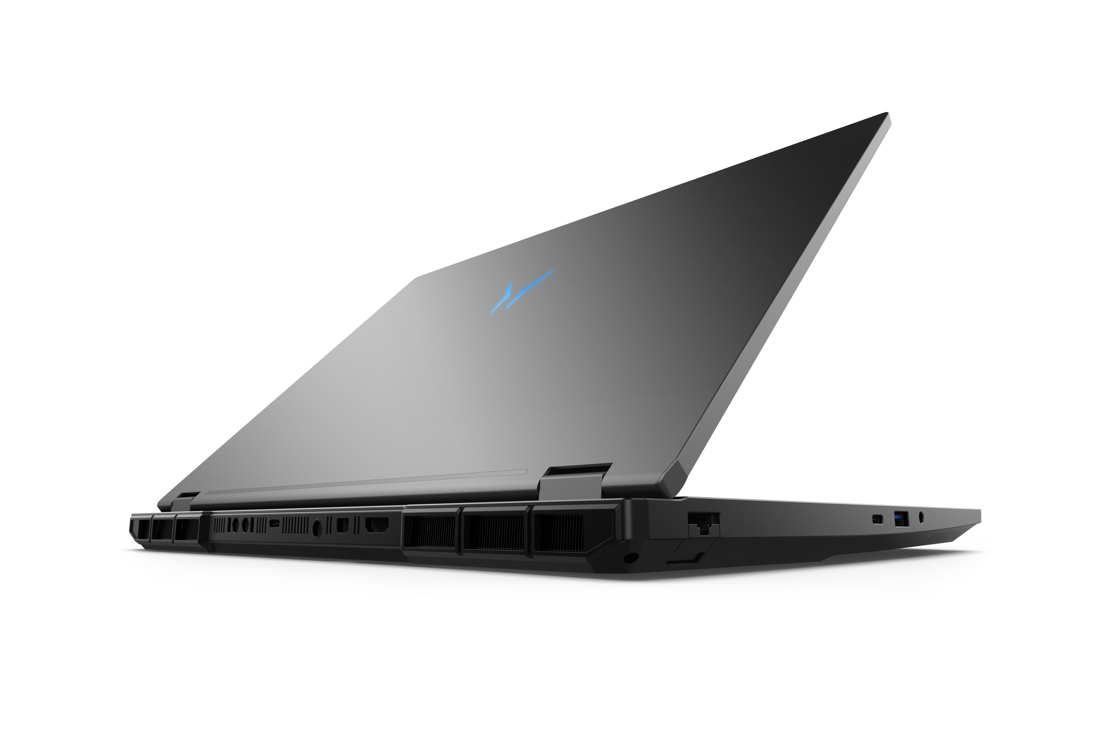 Ein schwarzer Laptop, teilweise geöffnet, auf weißem Hintergrund abgewinkelt, zeigt das Innere des Bildschirms.