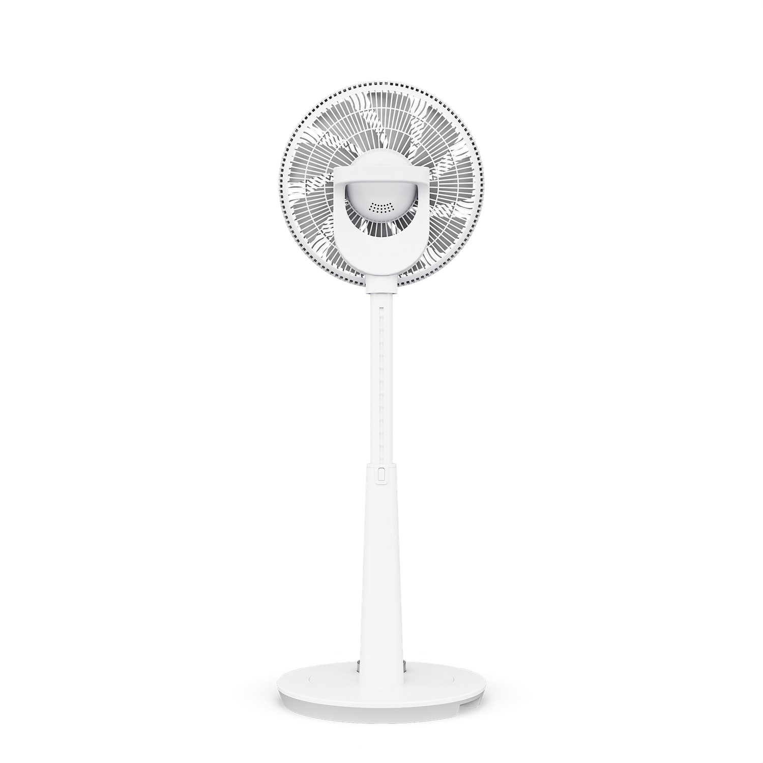 A white standing fan with a circular head on a white base and stem.