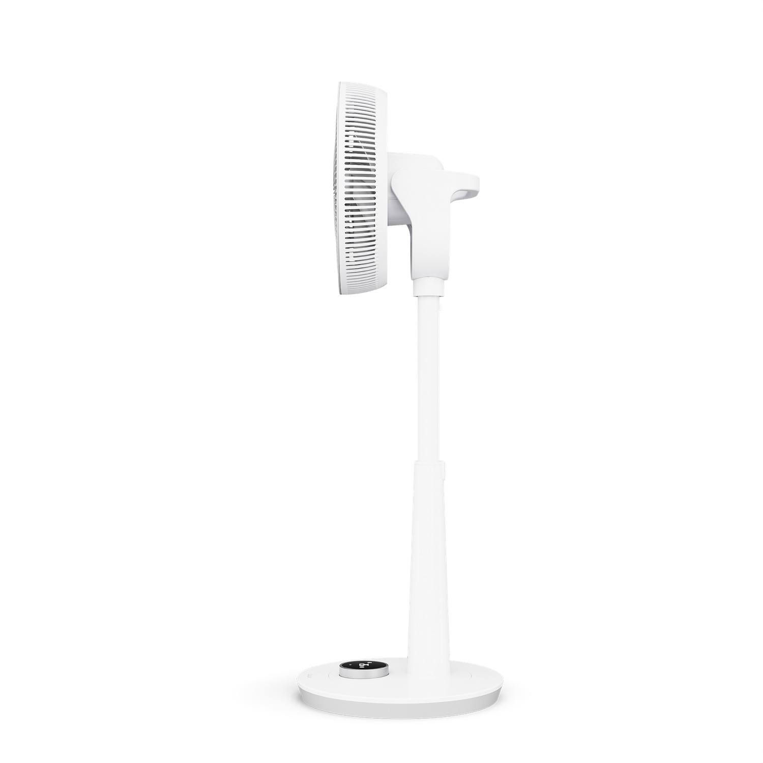 White standing fan on white background. It's in profile, showing the fan's front.