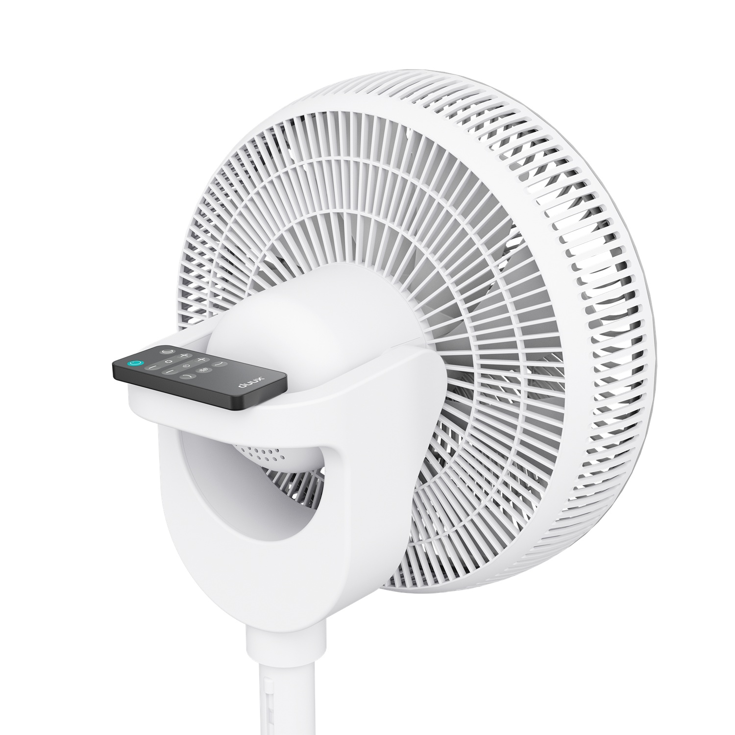 A white standing fan with a remote control holder. The fan is on a white background.