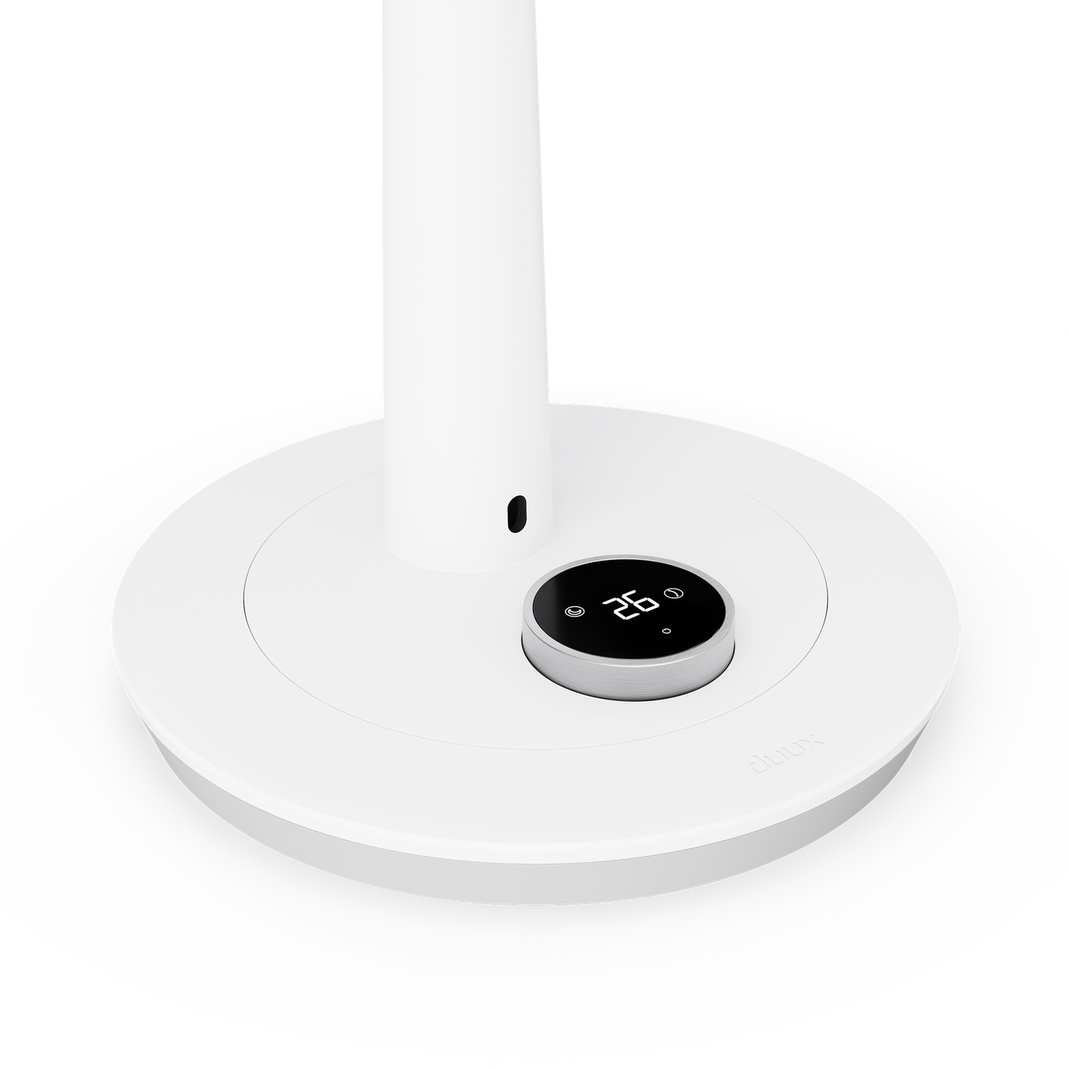 A white fan base with a dial and digital display showing 26. The base is on a white background.