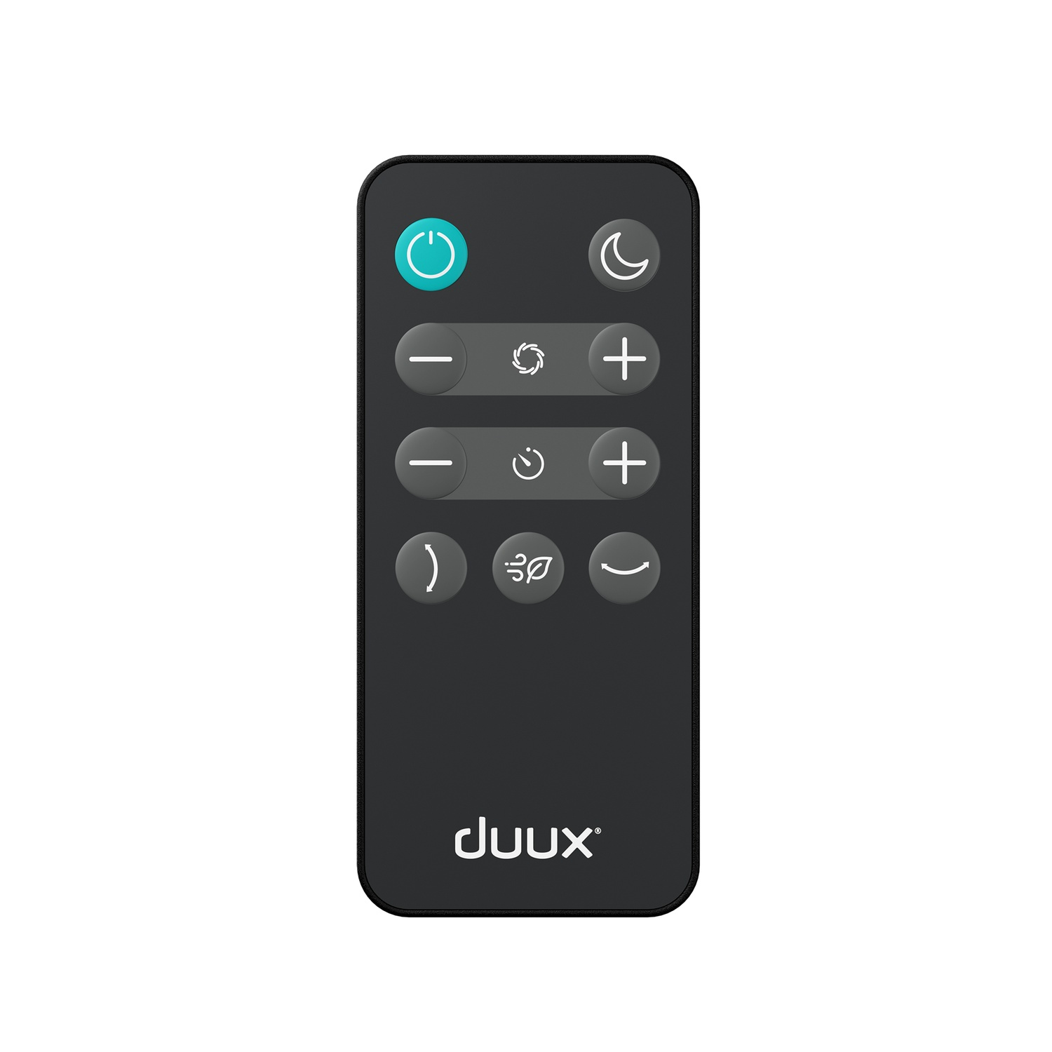 A black remote control with several buttons, angled upwards.