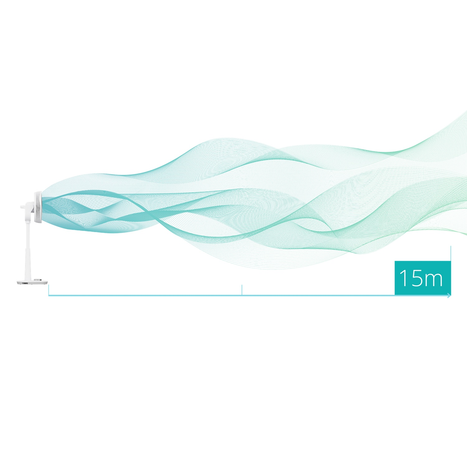 White fan with blue-green air flow graphics and text indicating 15m range.