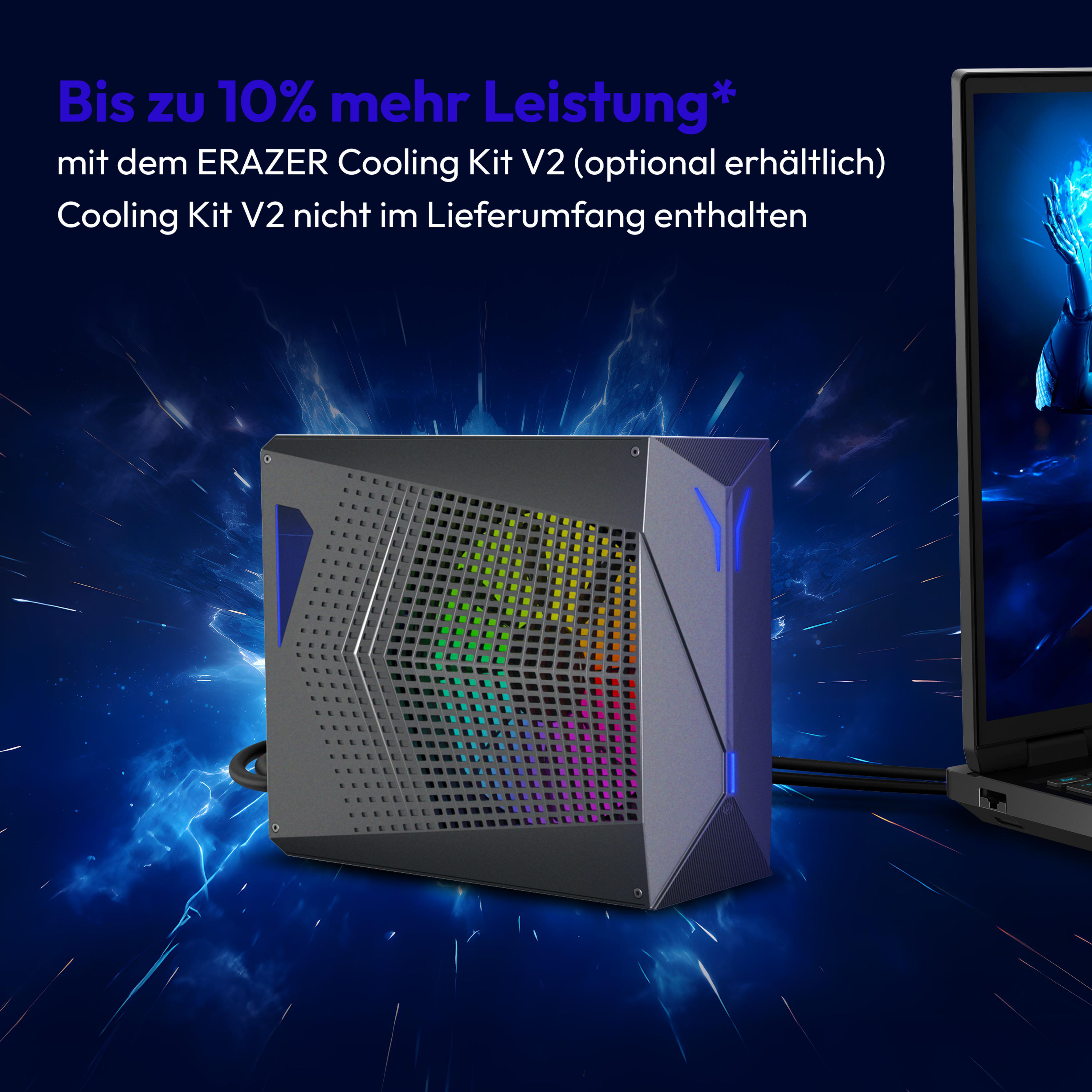 Ein schwarz-graues Kühlkit mit Regenbogenlichtern, neben einem Laptop mit blauem Hintergrund.