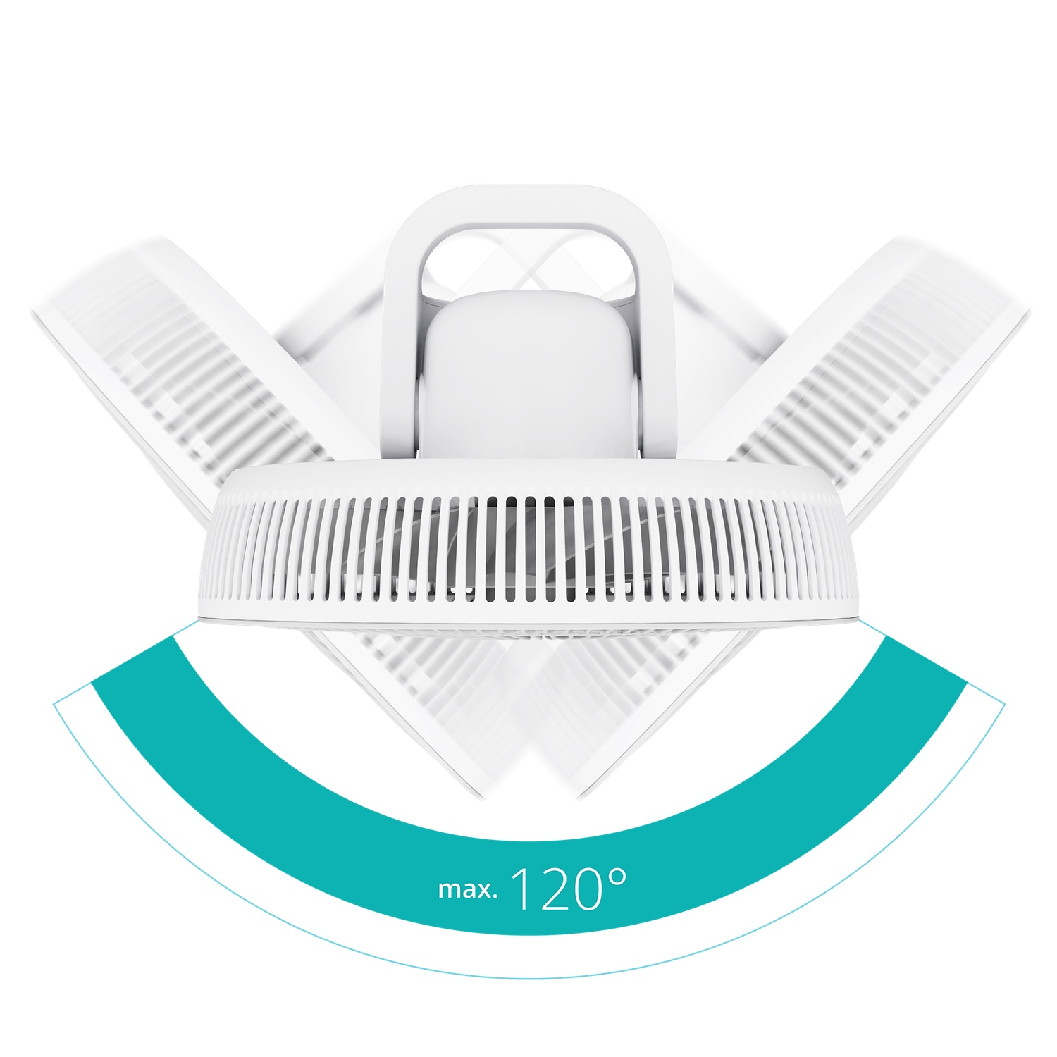 White ceiling light with three adjustable lights, max. 120 degrees.
