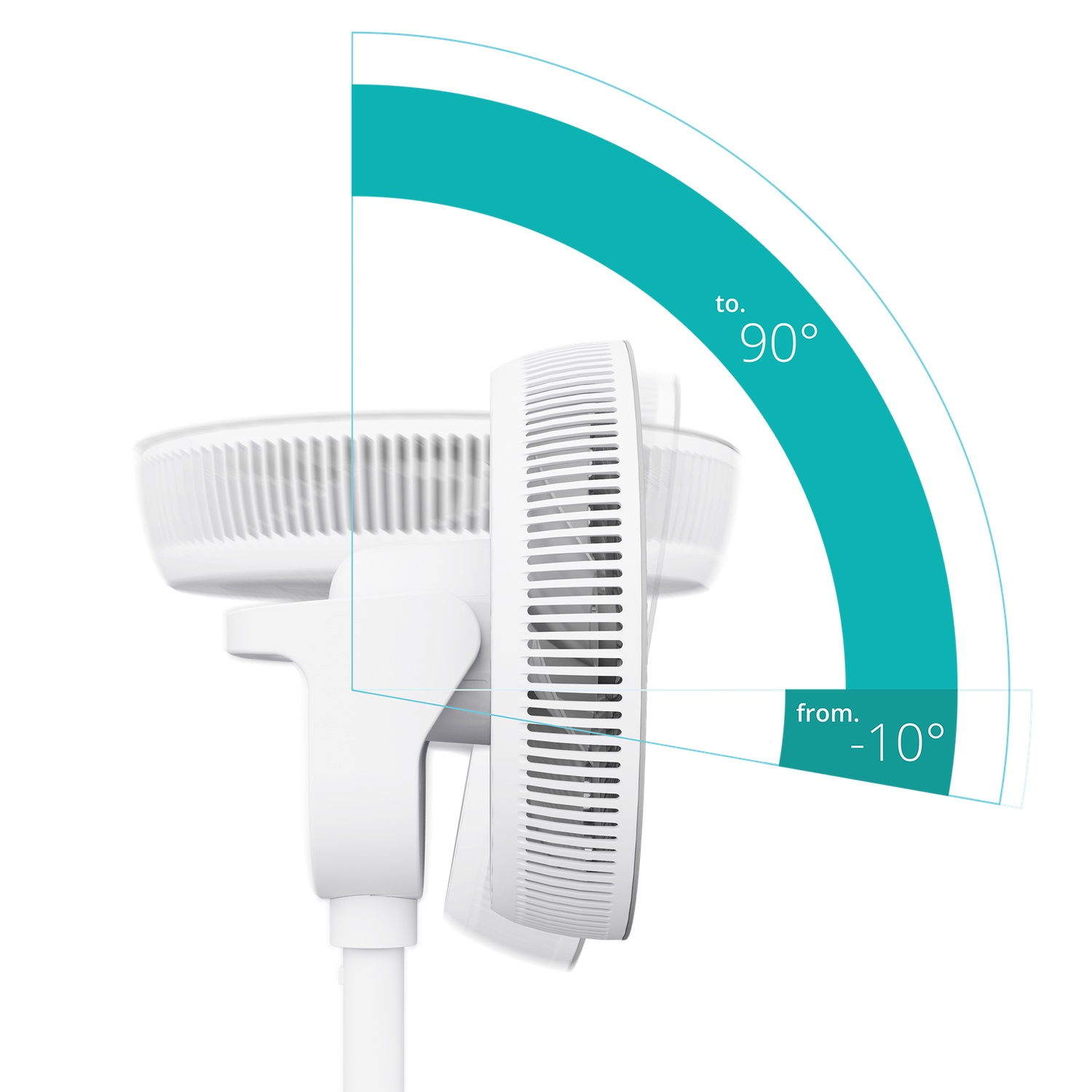 White fan. Side view, tilted. Degree range marked. White background. Teal arched graphic.