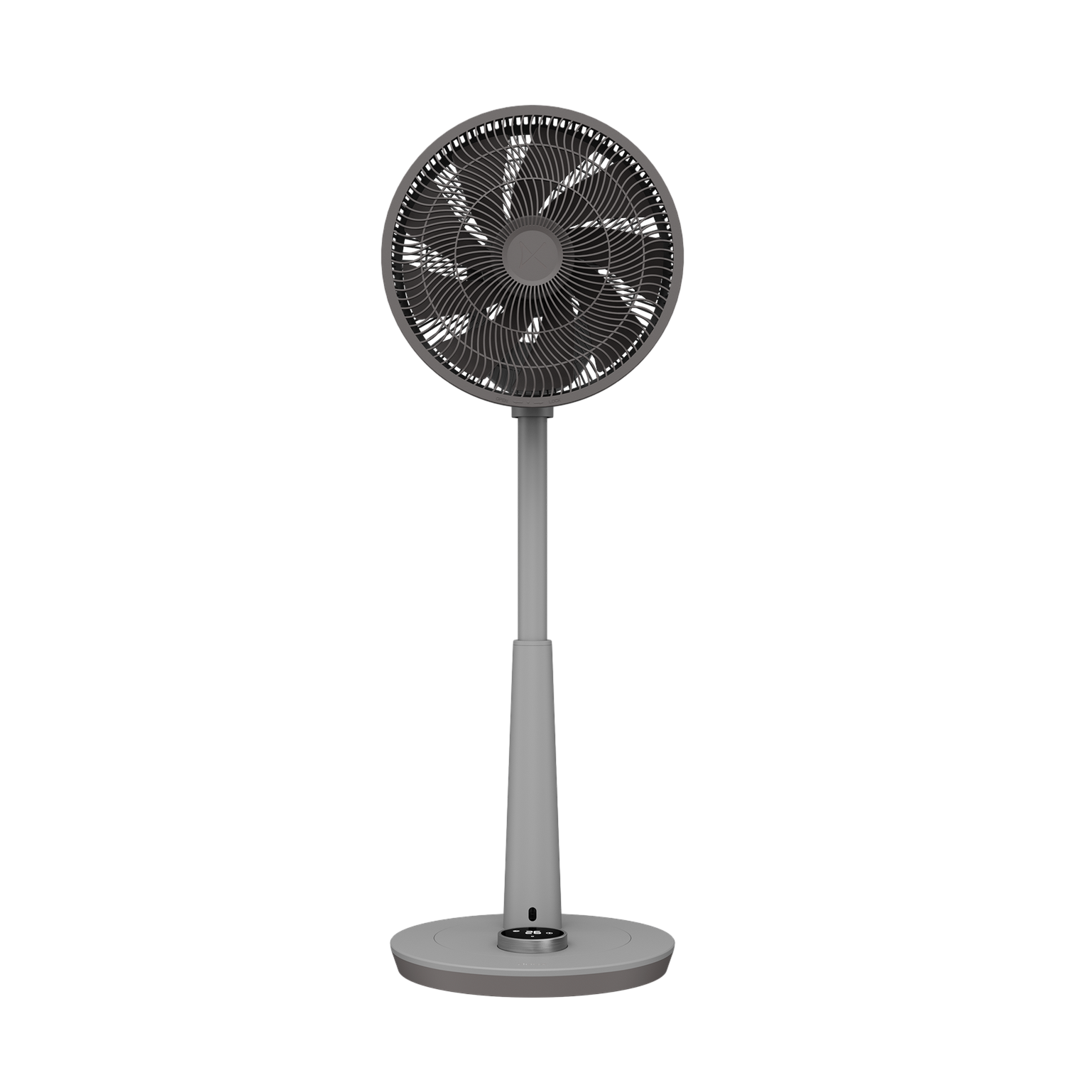 Ventilateur sur pied gris sur fond noir. Le ventilateur est tourné vers la caméra.