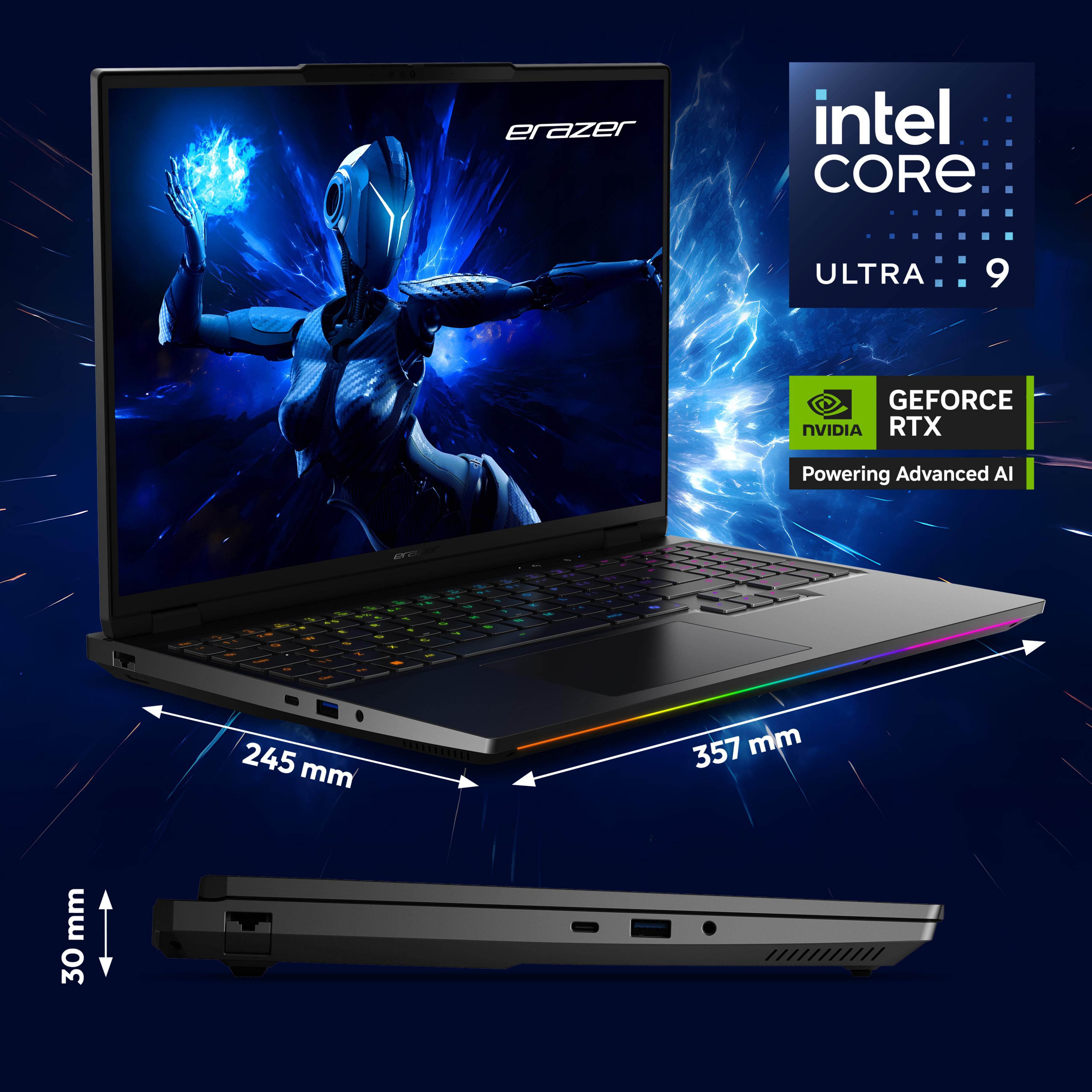 Schwarzer Laptop mit Maßen und Intel Core Ultra 9 Aufkleber. Helles Licht an den Rändern.