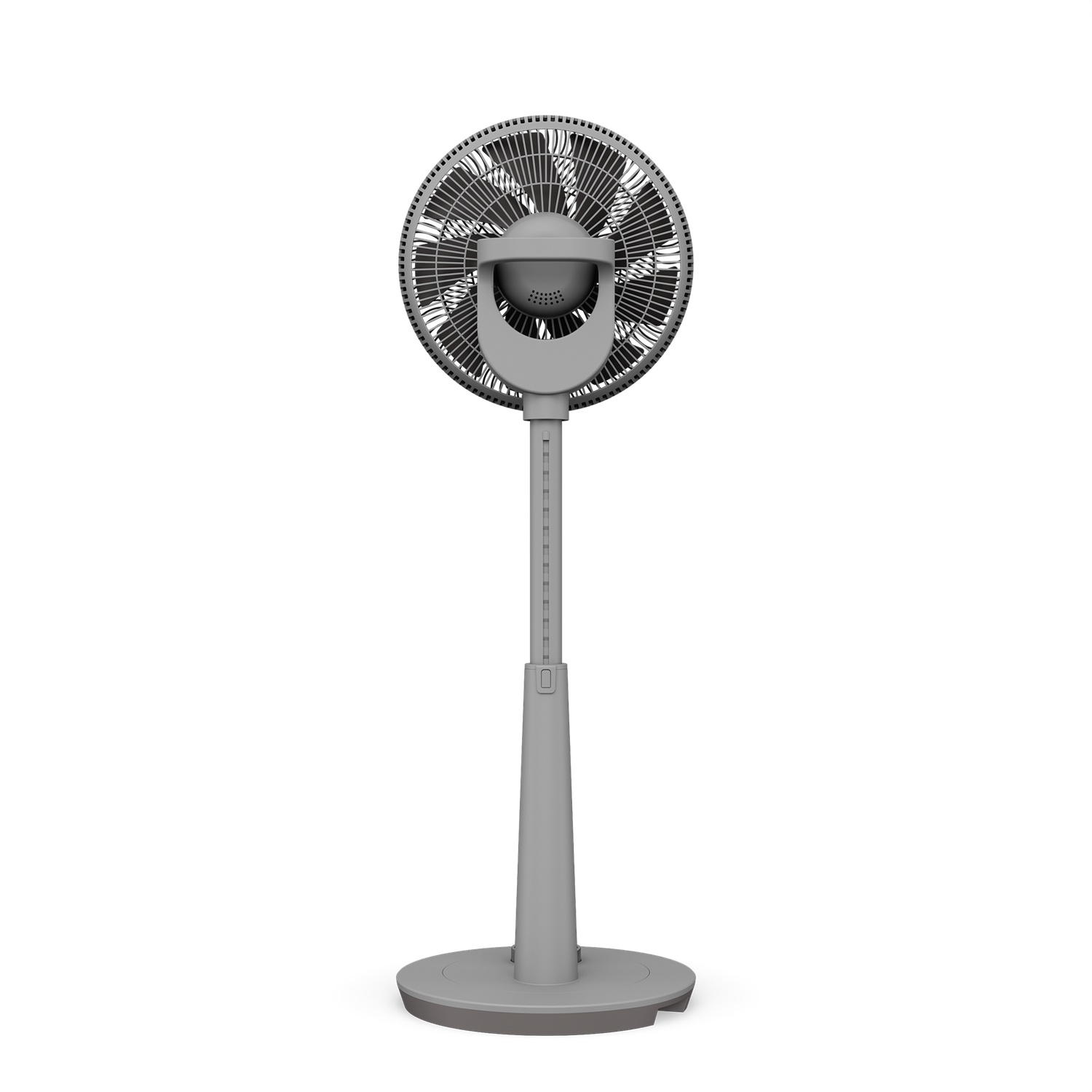 Un ventilateur sur pied gris. Le ventilateur a une base ronde, un poteau long et une tête.