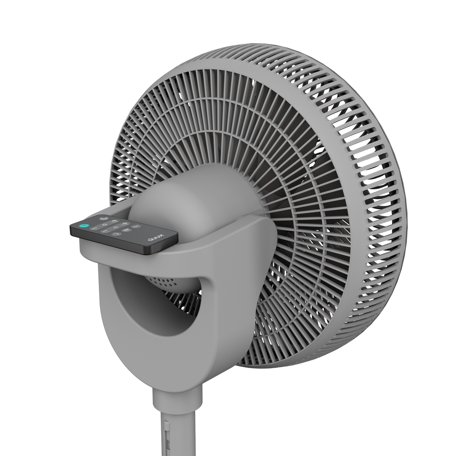 Ventilateur sur pied gris avec télécommande. Le ventilateur a une tête circulaire et un pied haut.