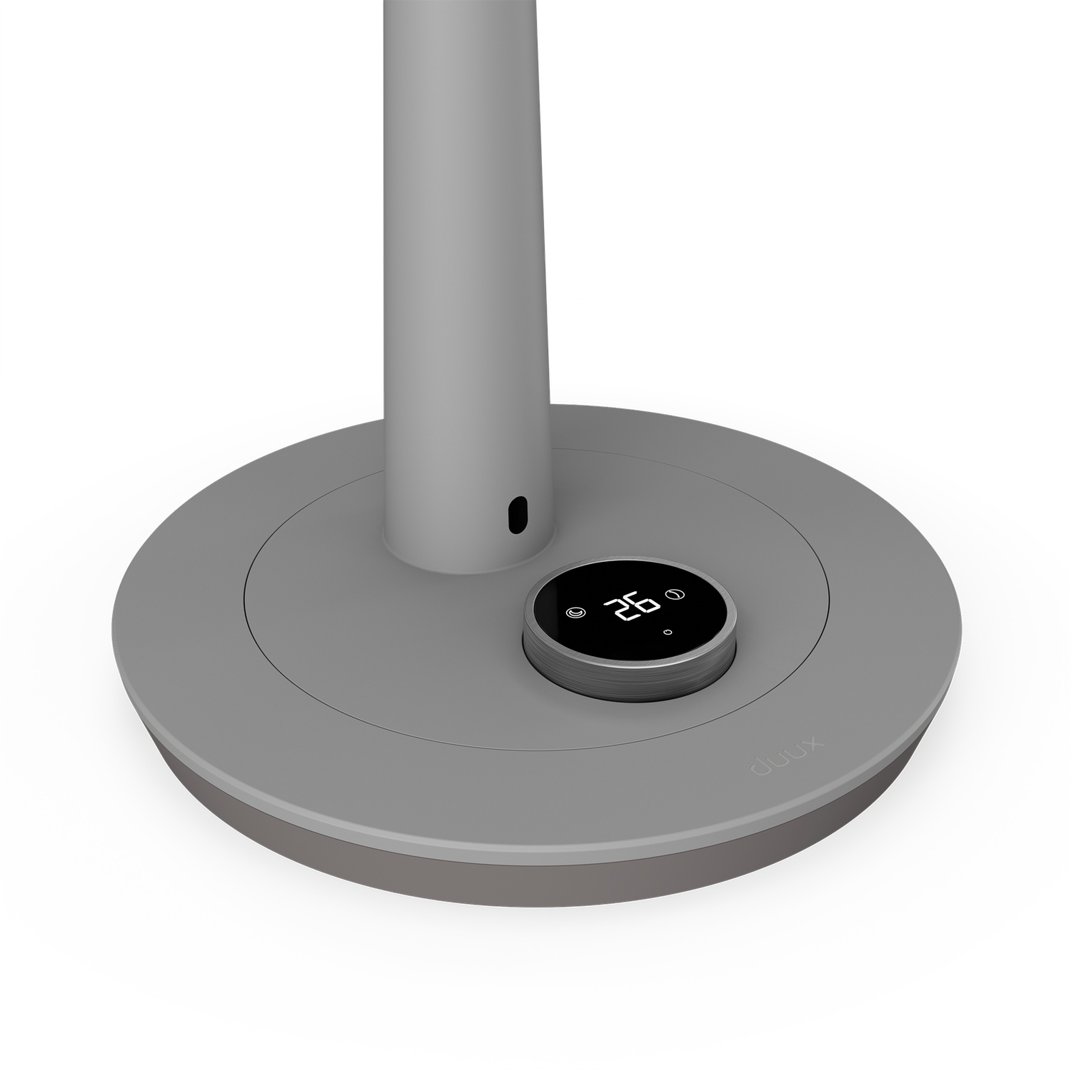 Un socle de ventilateur gris avec un panneau de commande circulaire affichant le chiffre '26'. La marque 'duux' est visible.