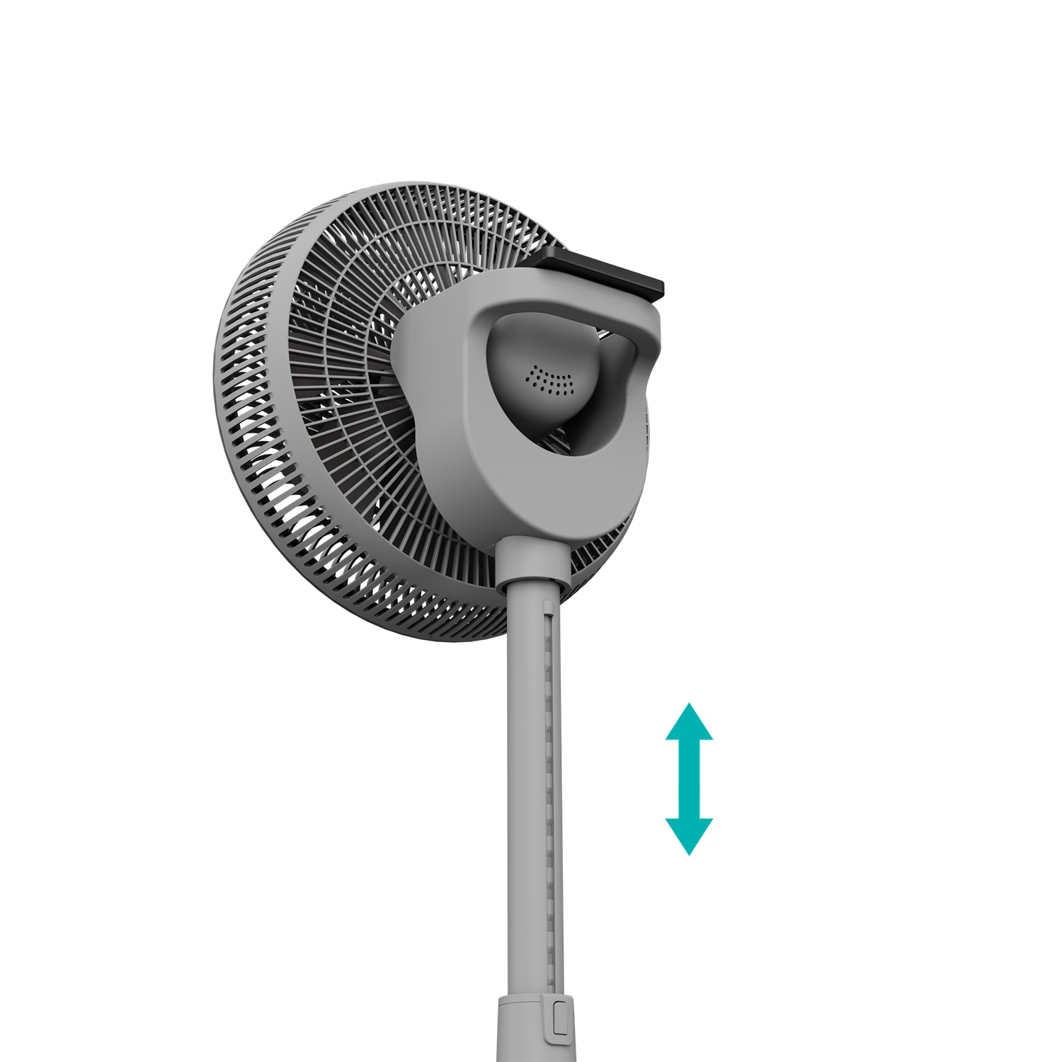 Un ventilateur gris à hauteur réglable avec une flèche indiquant un mouvement de haut en bas.