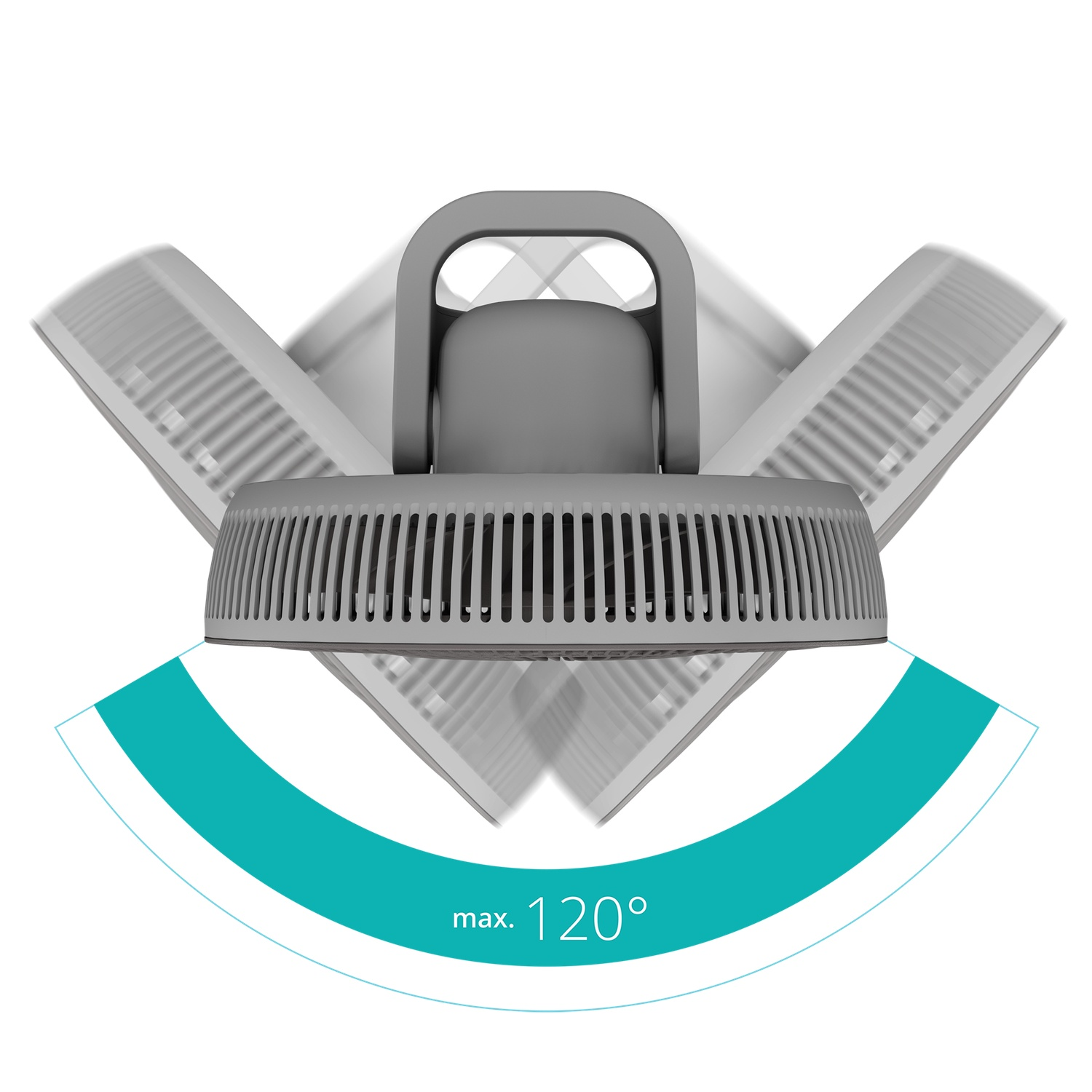 Ventilateur gris avec pales réglables. Maximum 120° indiqué en bas.