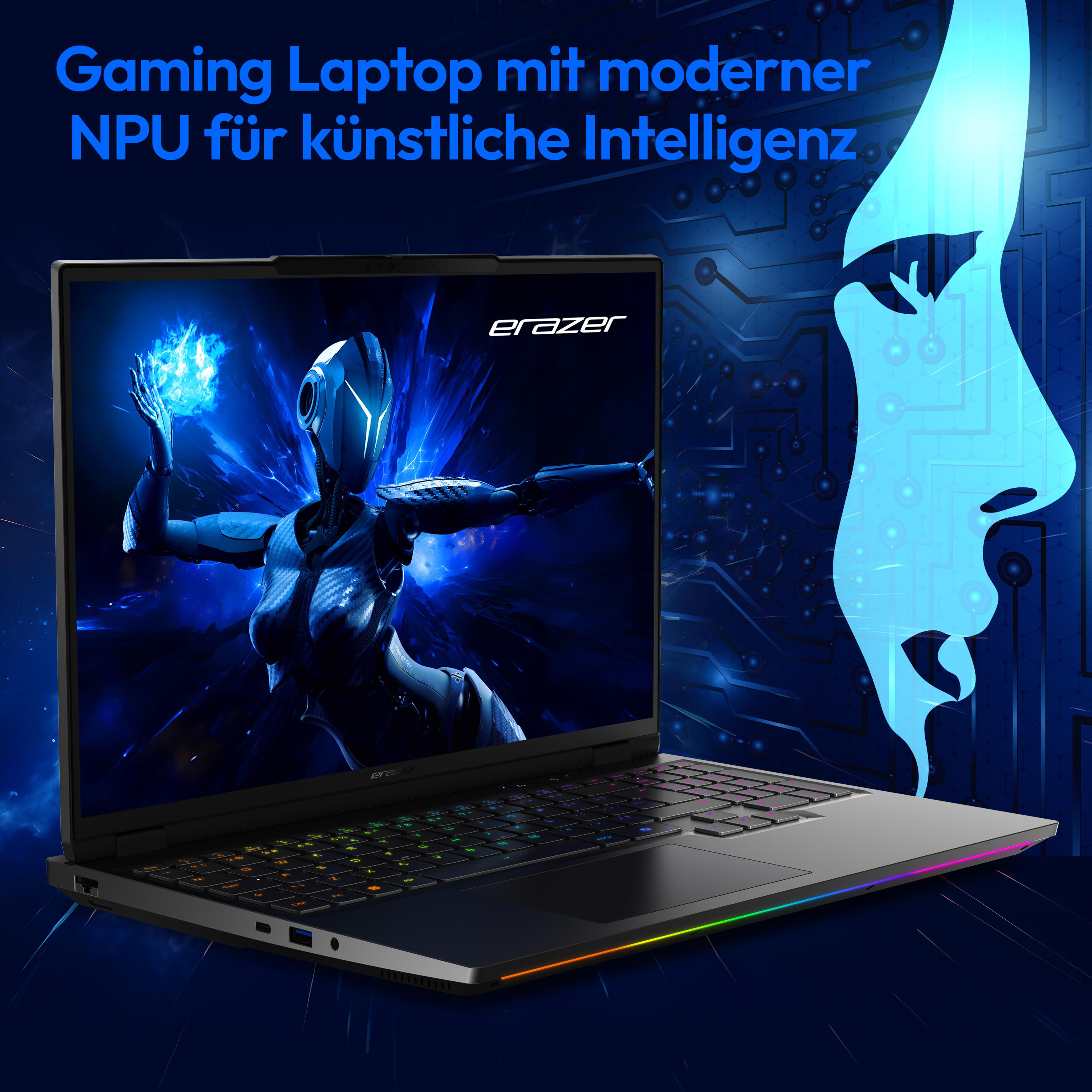 Ein Gaming-Laptop mit einem Bildschirm, der eine futuristische Szene zeigt, mit futuristischer Gesichtskontur.