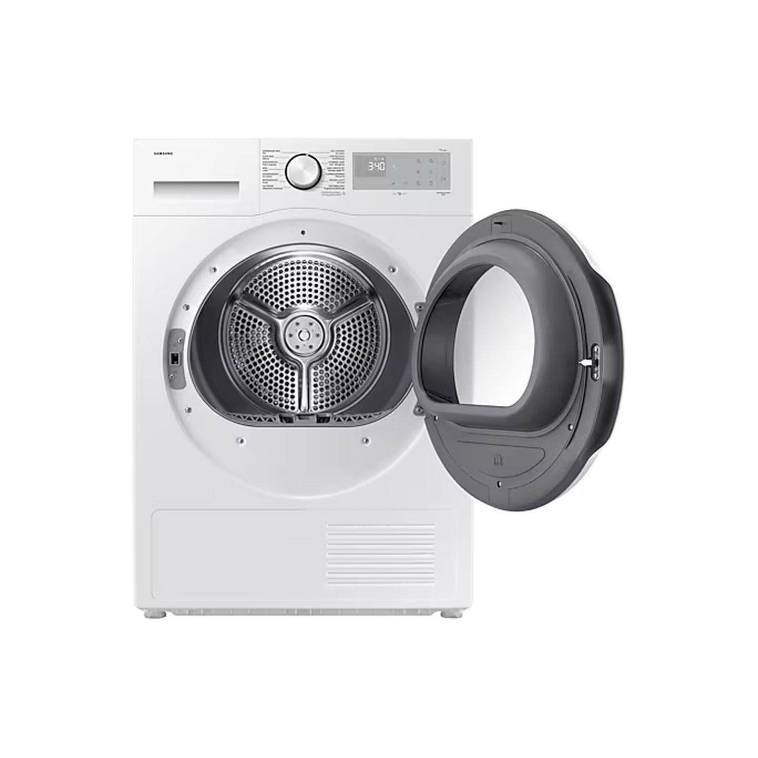 Een witte Samsung droger met de deur open. Binnenin de trommel is het interieur zichtbaar.