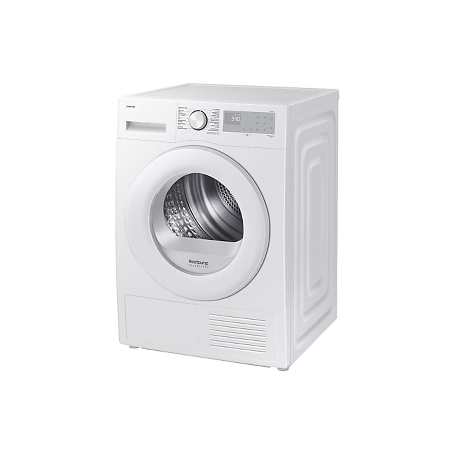 Een witte droger met ronde voordeur en bedieningspaneel bovenop. Hij heeft een digitaal display.