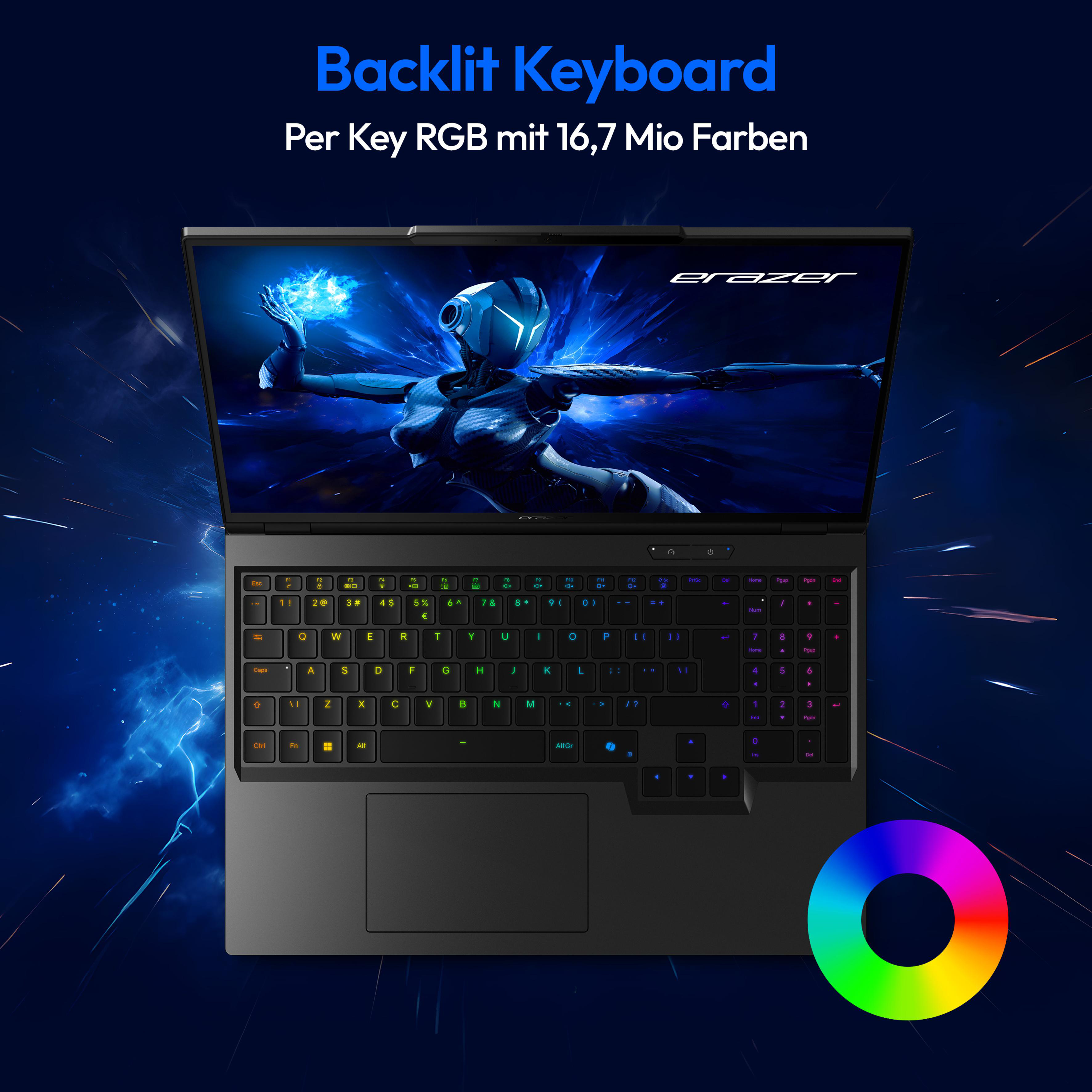 Schwarzer Laptop mit Hintergrundbeleuchtung, der eine farbenfrohe Gaming-Grafik und einen Farbkreis zeigt.