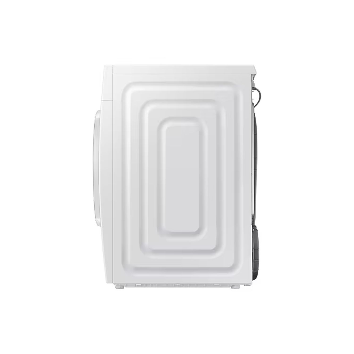 Witte wasmachine, zijaanzicht. Rechthoekige vorm met een getextureerd paneel.