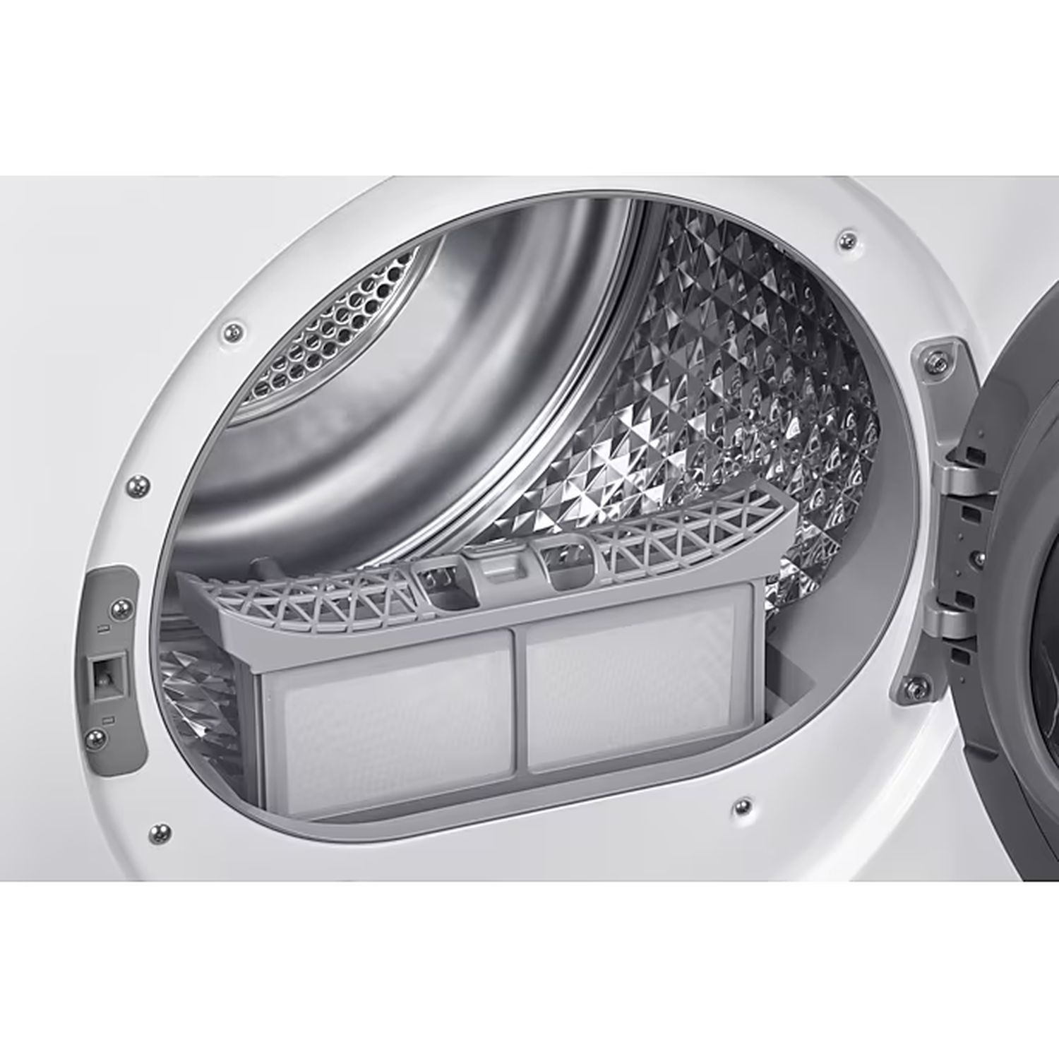 Wasmachinfilter. Twee witte filters in de machine.