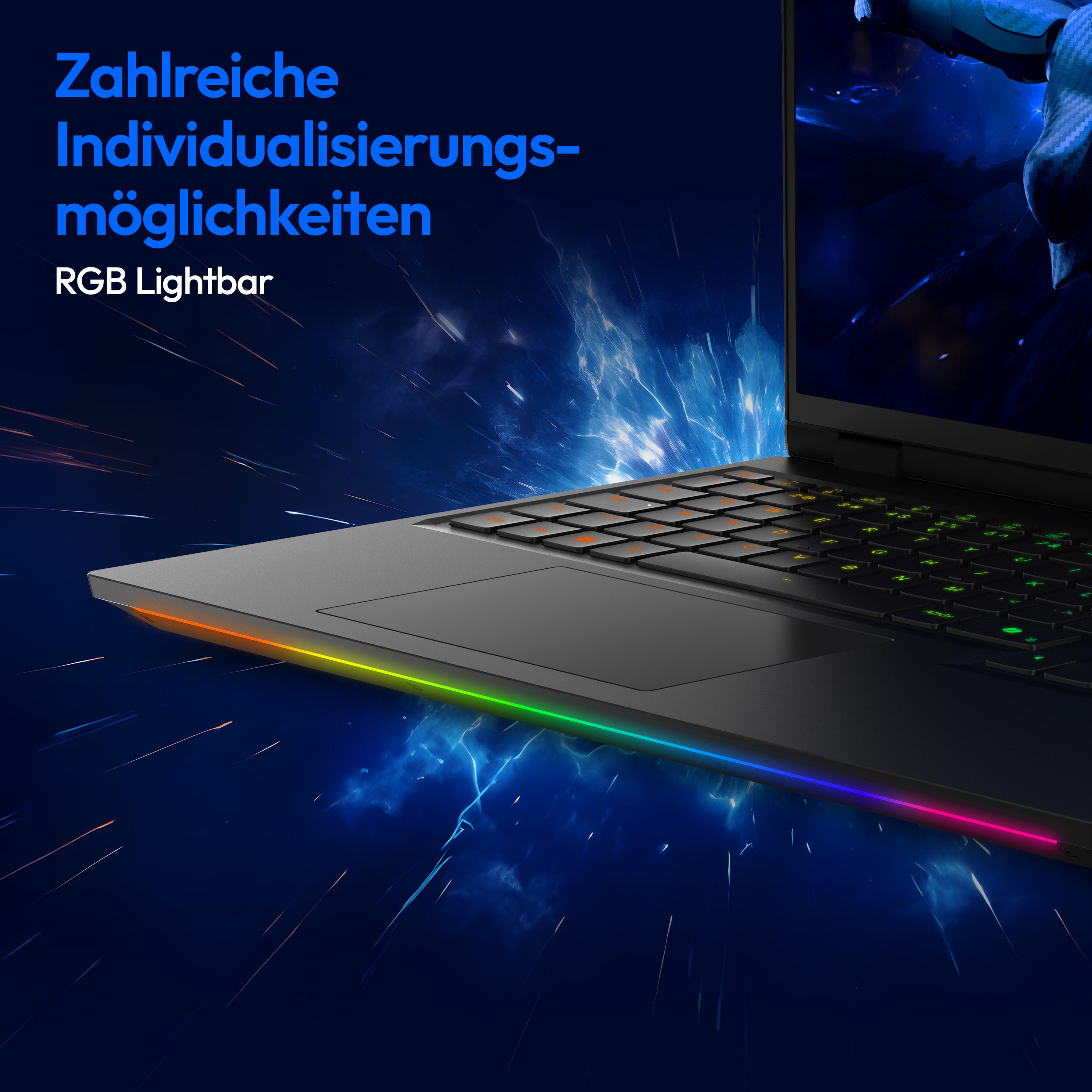 Nahaufnahme eines Laptops mit leuchtenden RGB-Lichtern und Text zur Anpassung.