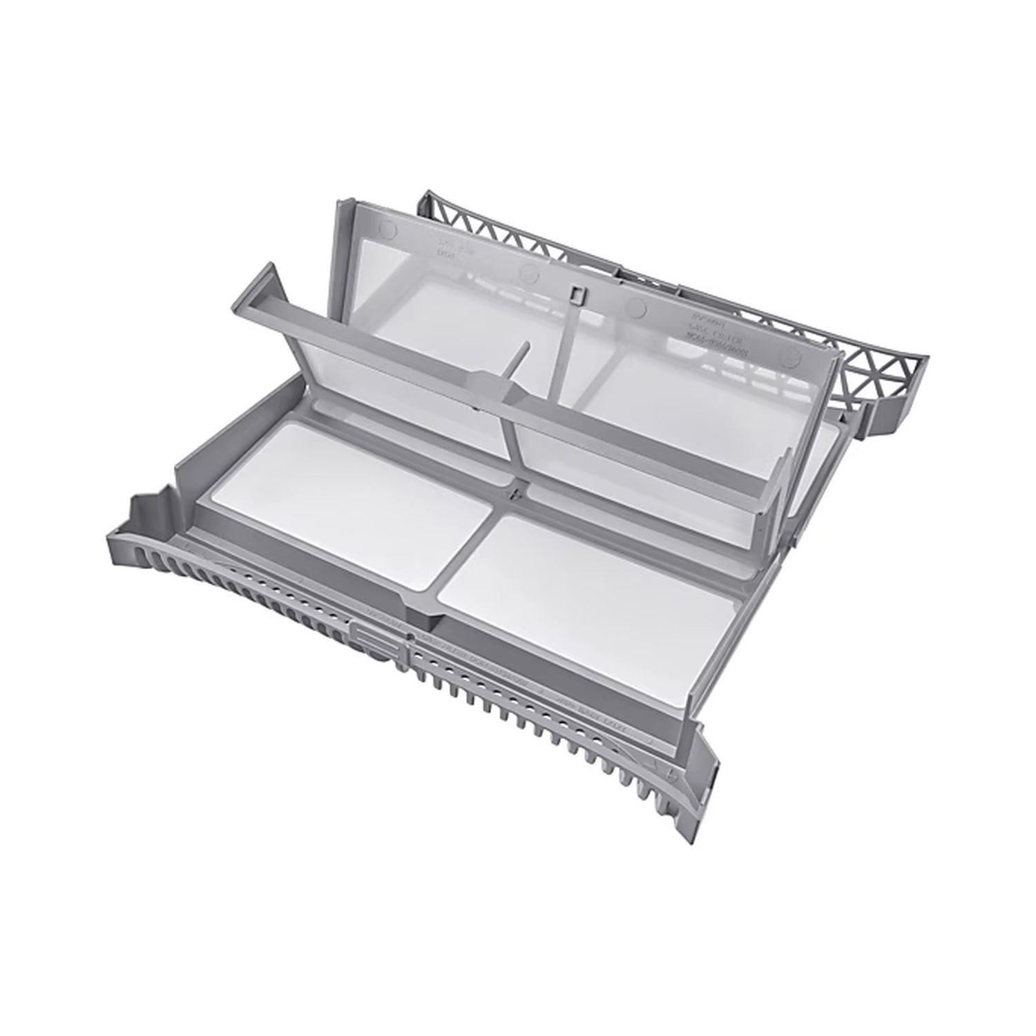 Grijze drogerfilter met vier witte filtersecties en een grijs frame.