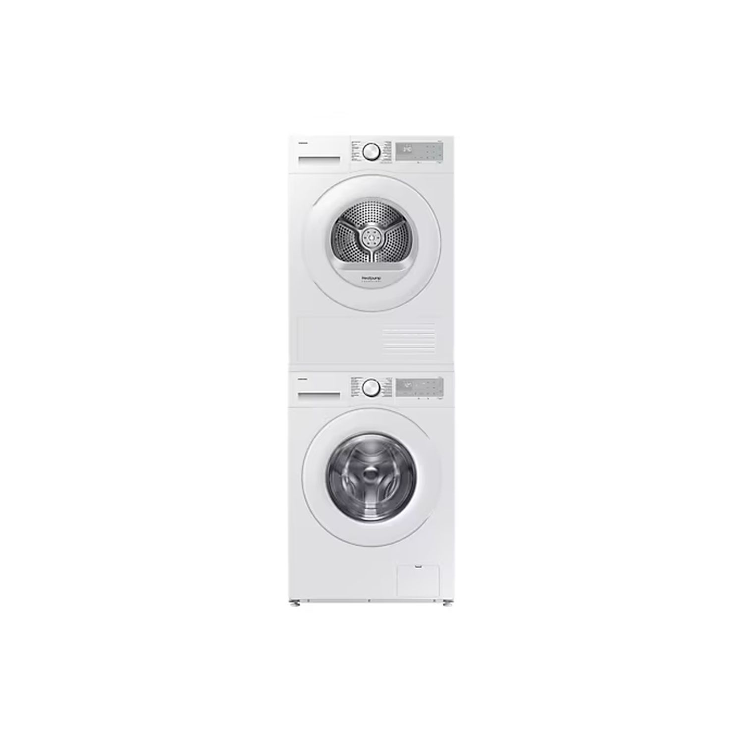 Een witte gestapelde wasmachine en droger, geïsoleerd op een witte achtergrond, met een minimalistisch design.