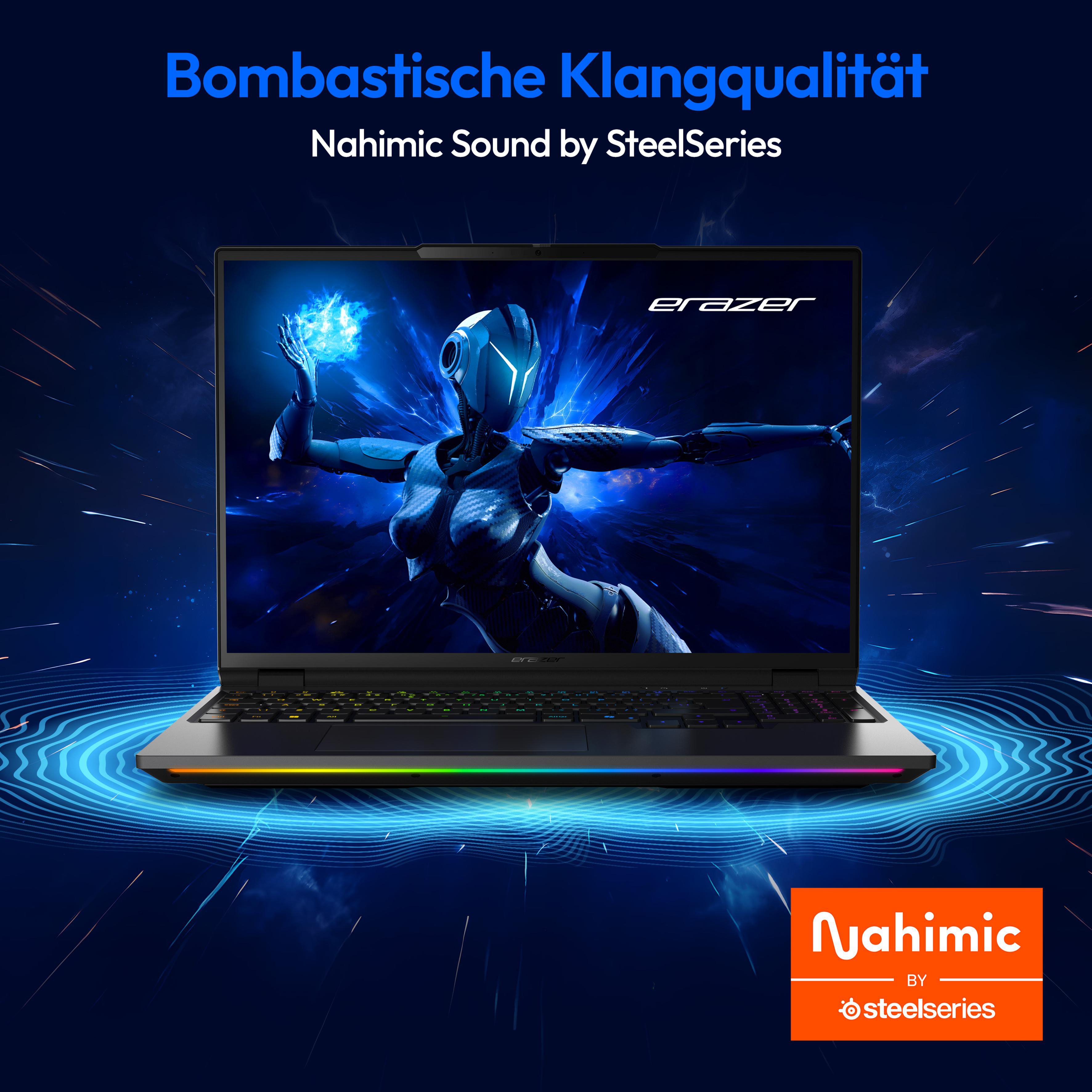 Gaming-Laptop mit blauem Lichteffekt, der einen Spielebildschirm zeigt, Nahimic Sound. Schwarz und blau.