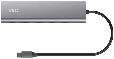 Ezüst Trust USB-C hub fekete kábellel.