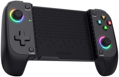 Fekete gamepad színes fényekkel az oldalán és gombokkal. Gombok és texturált fogantyú van.
