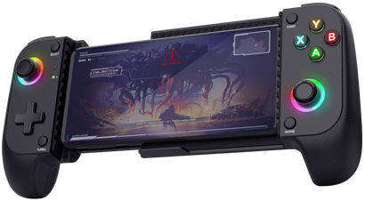 Egy fekete gamepad egy telefonnal a közepén. A telefon egy játék képernyőjét mutatja piros figyelmeztetéssel.