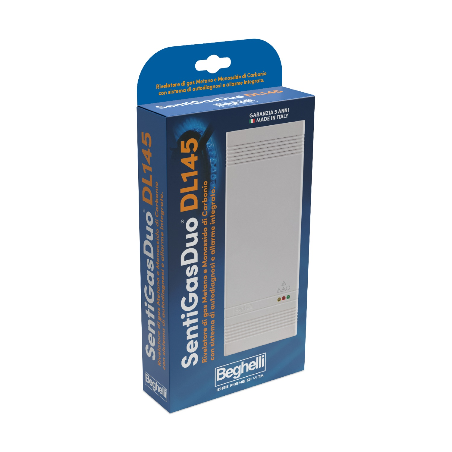 Una scatola con l'etichetta 'SentiGasDuo DL145', nome prodotto, dispositivo bianco e sfondo blu.