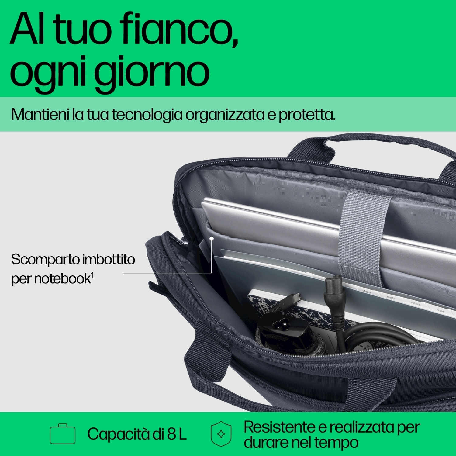 Borsa per laptop aperta con scomparti; il testo indica capacità e durata.