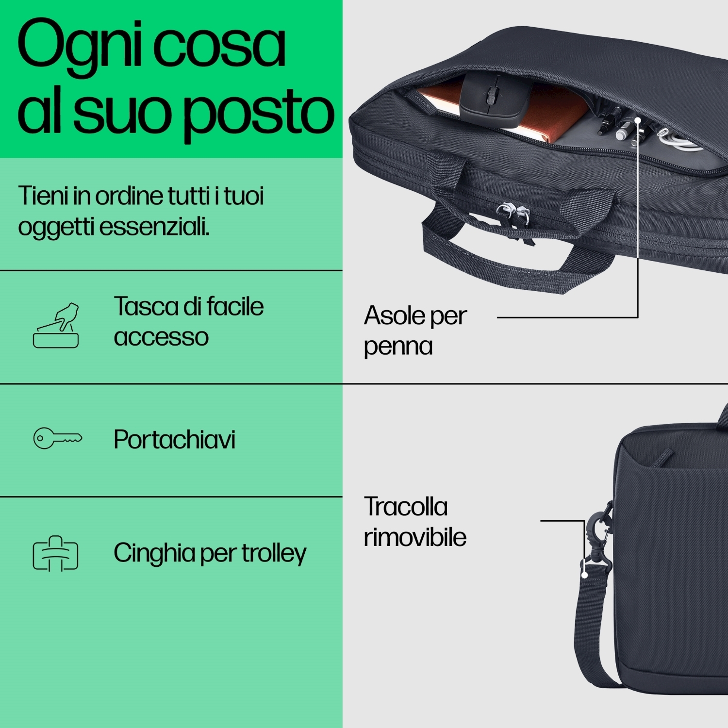 Una pubblicità per una borsa che mostra una borsa con scomparti, portapenne e cinghia per trolley.