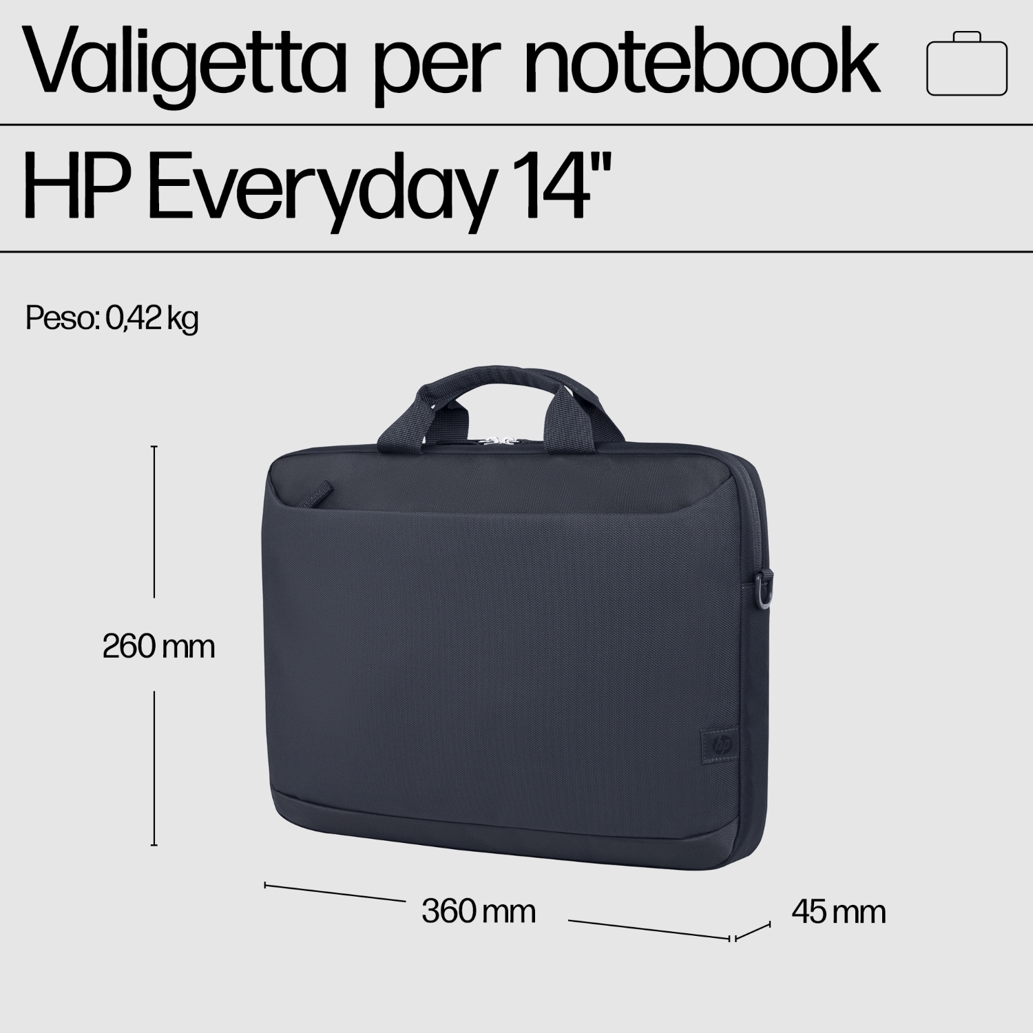 Borsa per laptop HP Everyday 14" blu navy. Dimensioni e peso visibili.