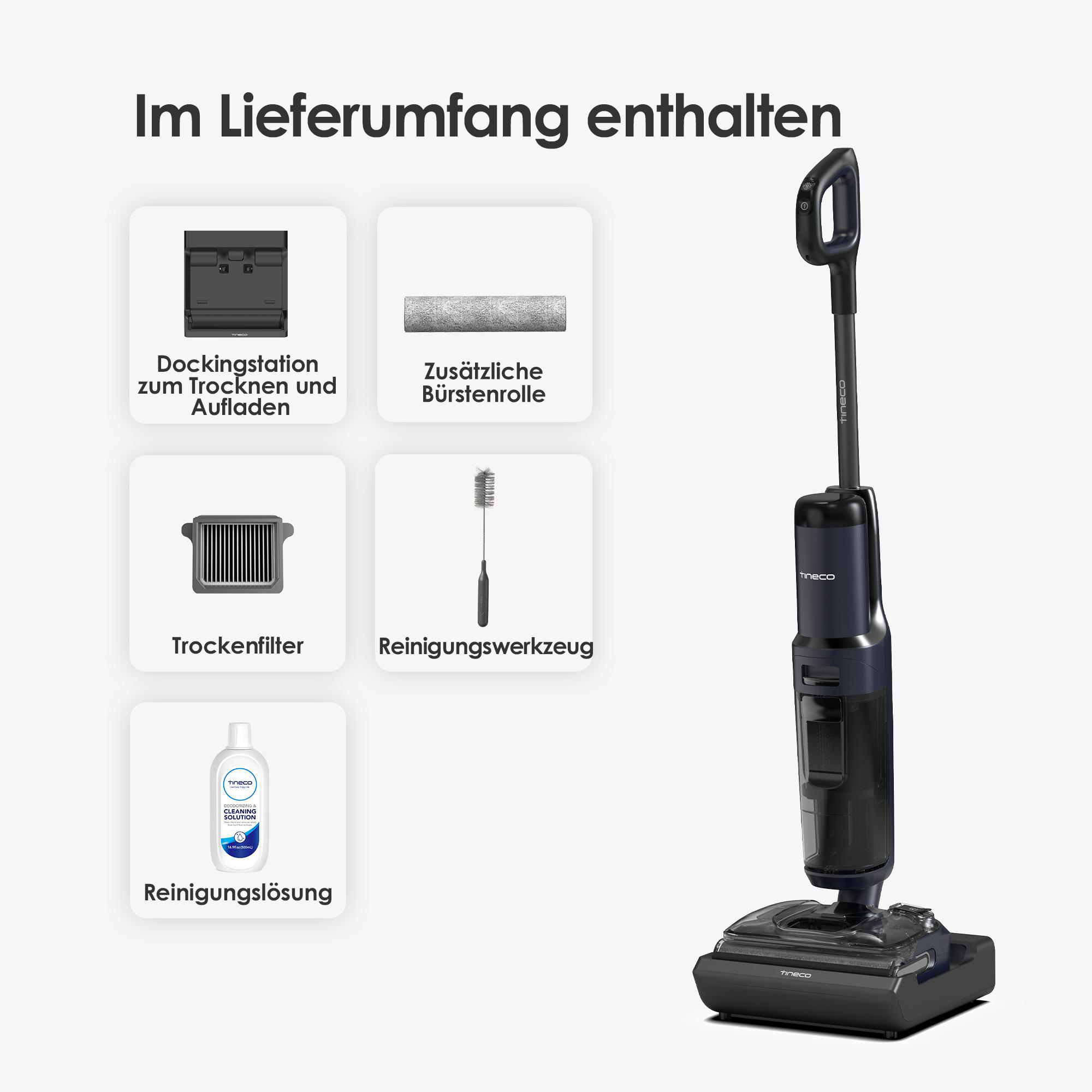 Ein Bild, das die im Lieferumfang eines Reinigungsgeräts enthaltenen Komponenten zeigt, inkl. Staubsauger und Zubehör.