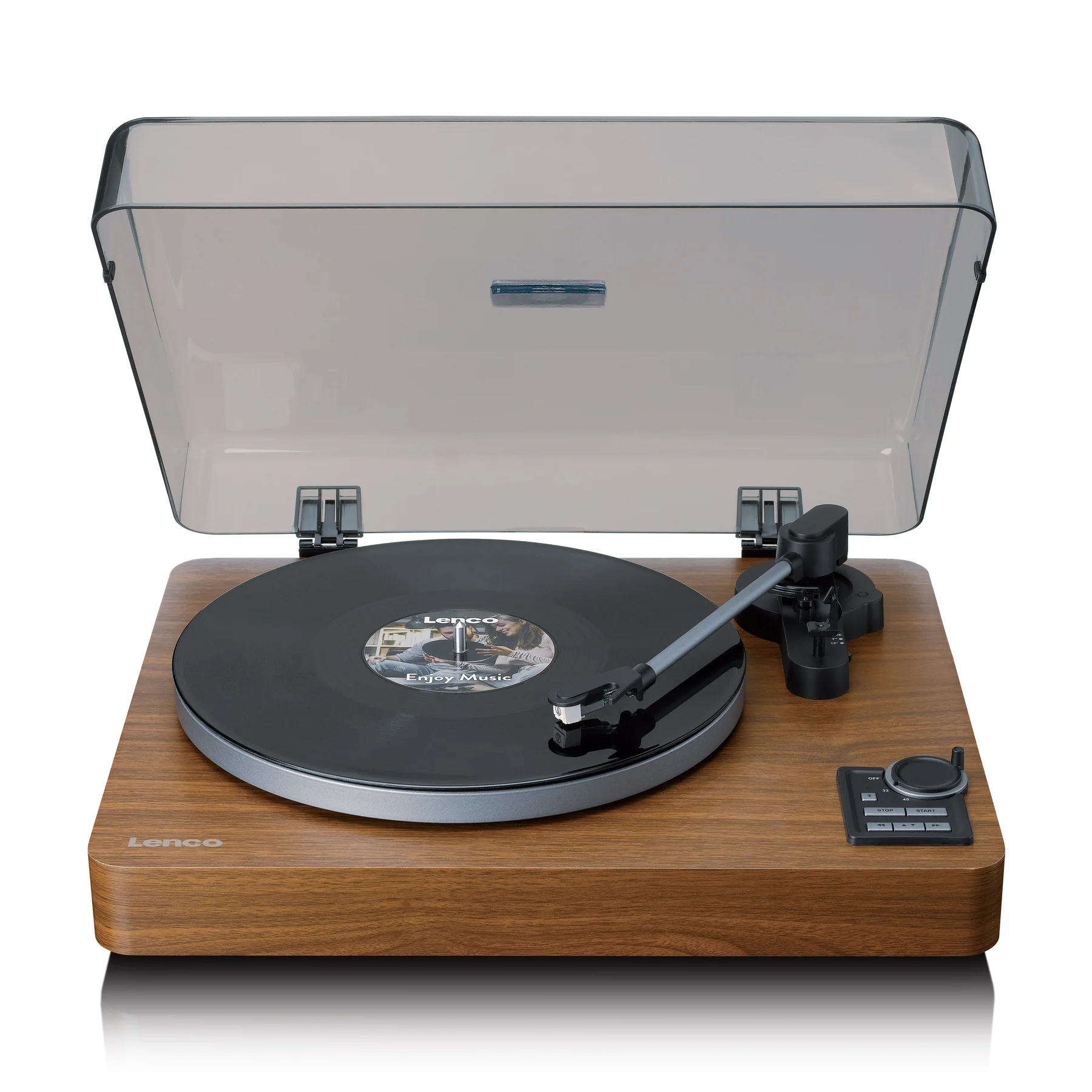 Platine vinyle en bois avec un disque noir et un couvercle transparent.