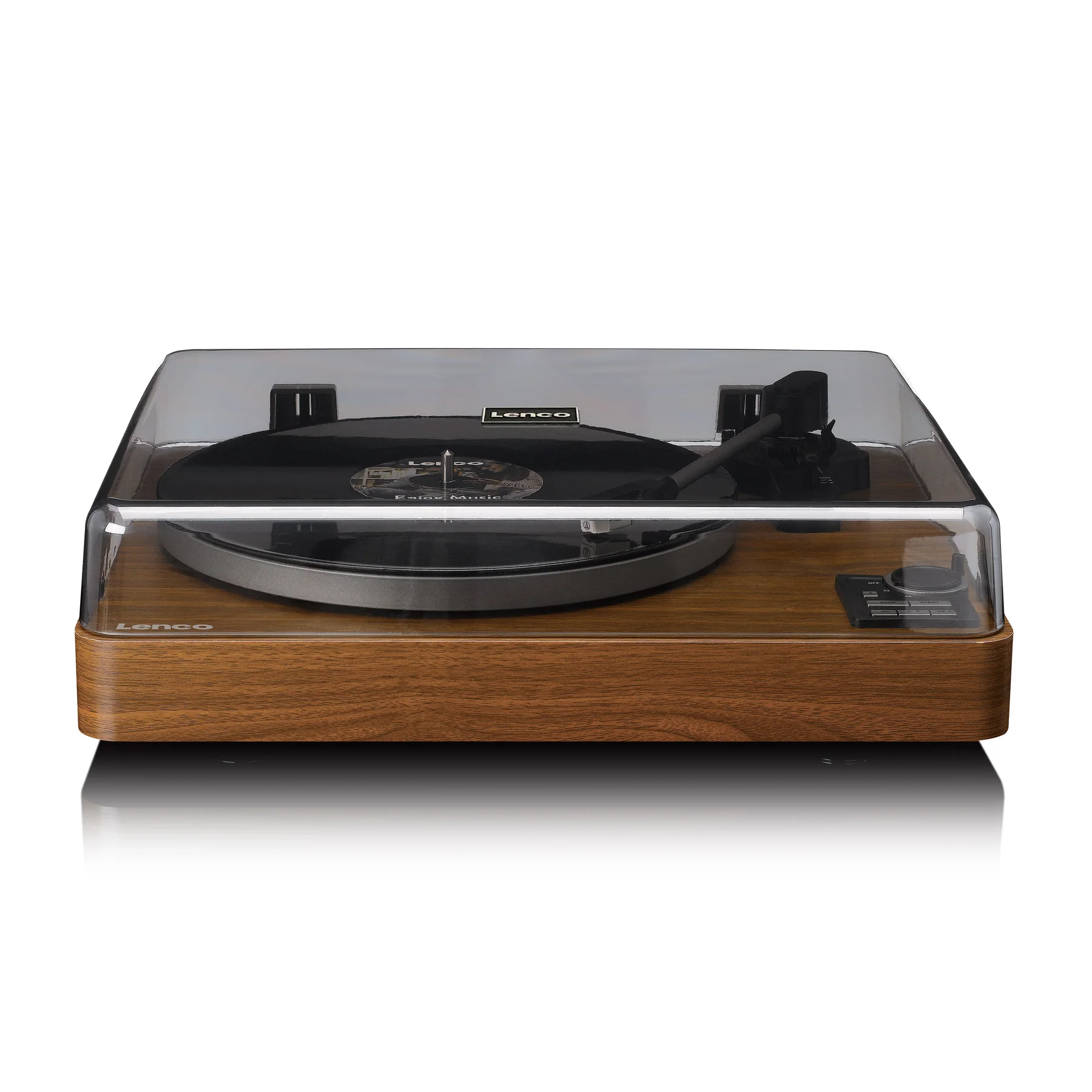 Platine vinyle. Socle en bois avec un couvercle en plastique transparent. Disque noir sur le plateau.