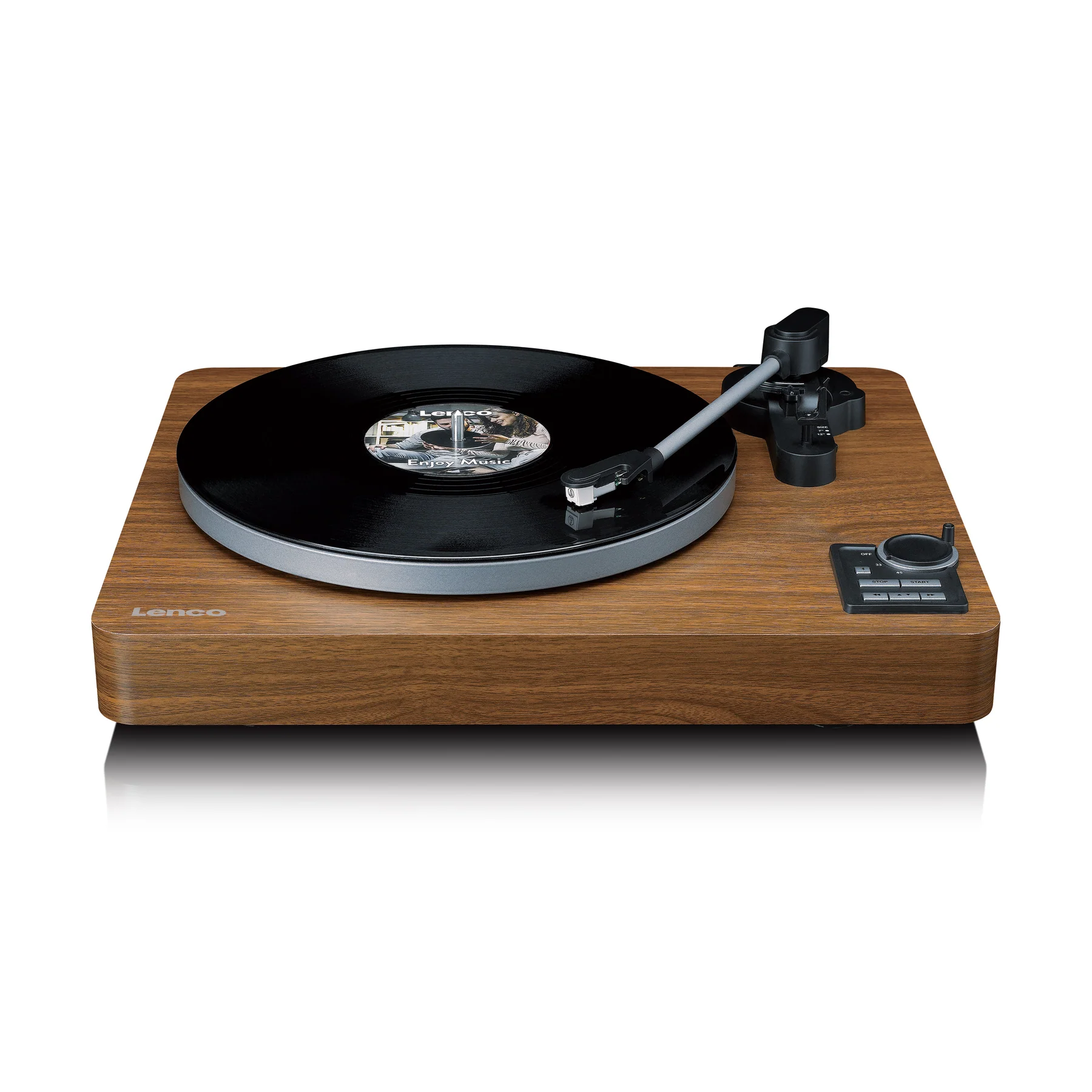 Platine vinyle en bois avec un disque noir et la marque Lenco.