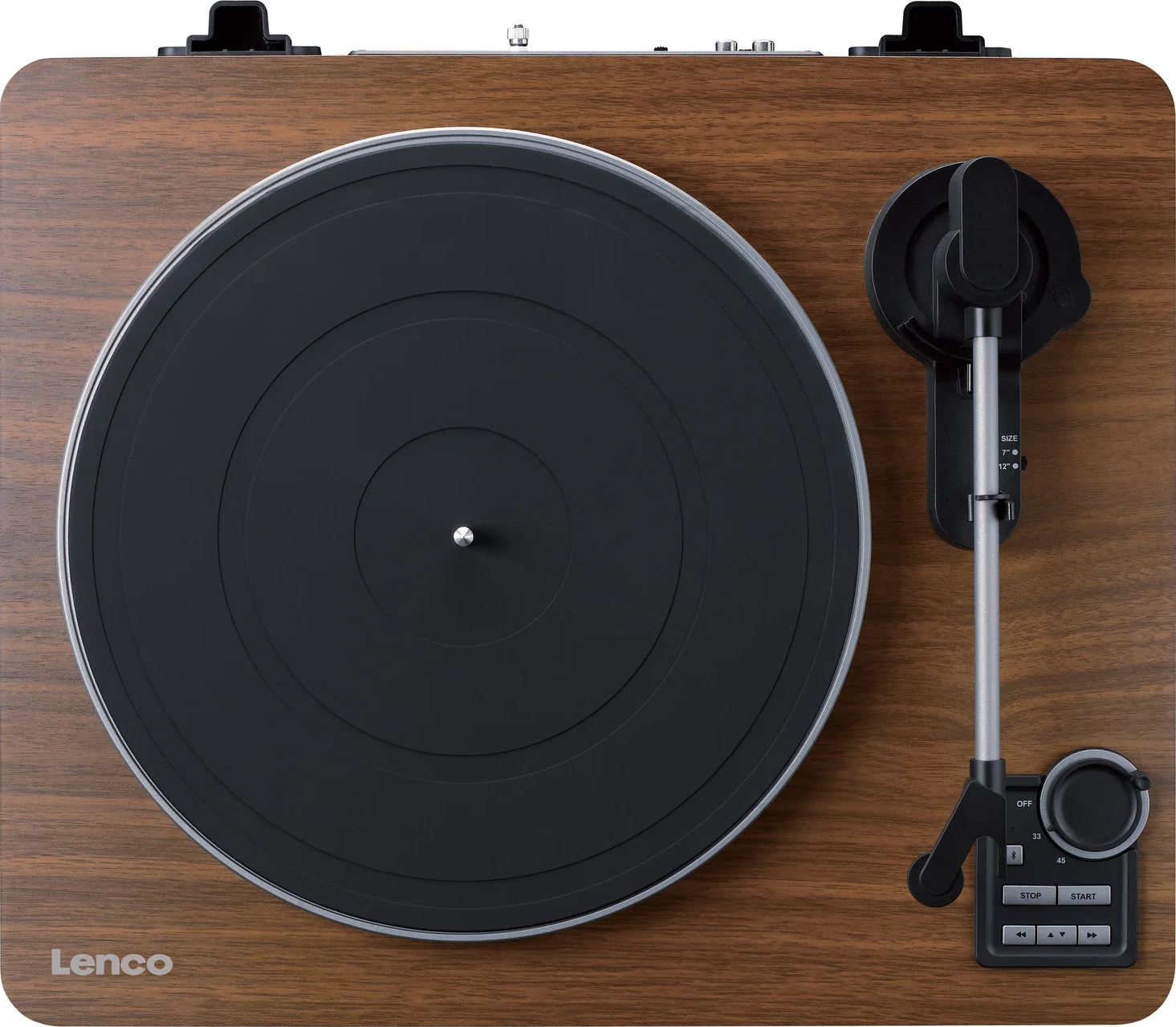 Vue de dessus d'une platine vinyle en bois avec plateau et bras noirs.