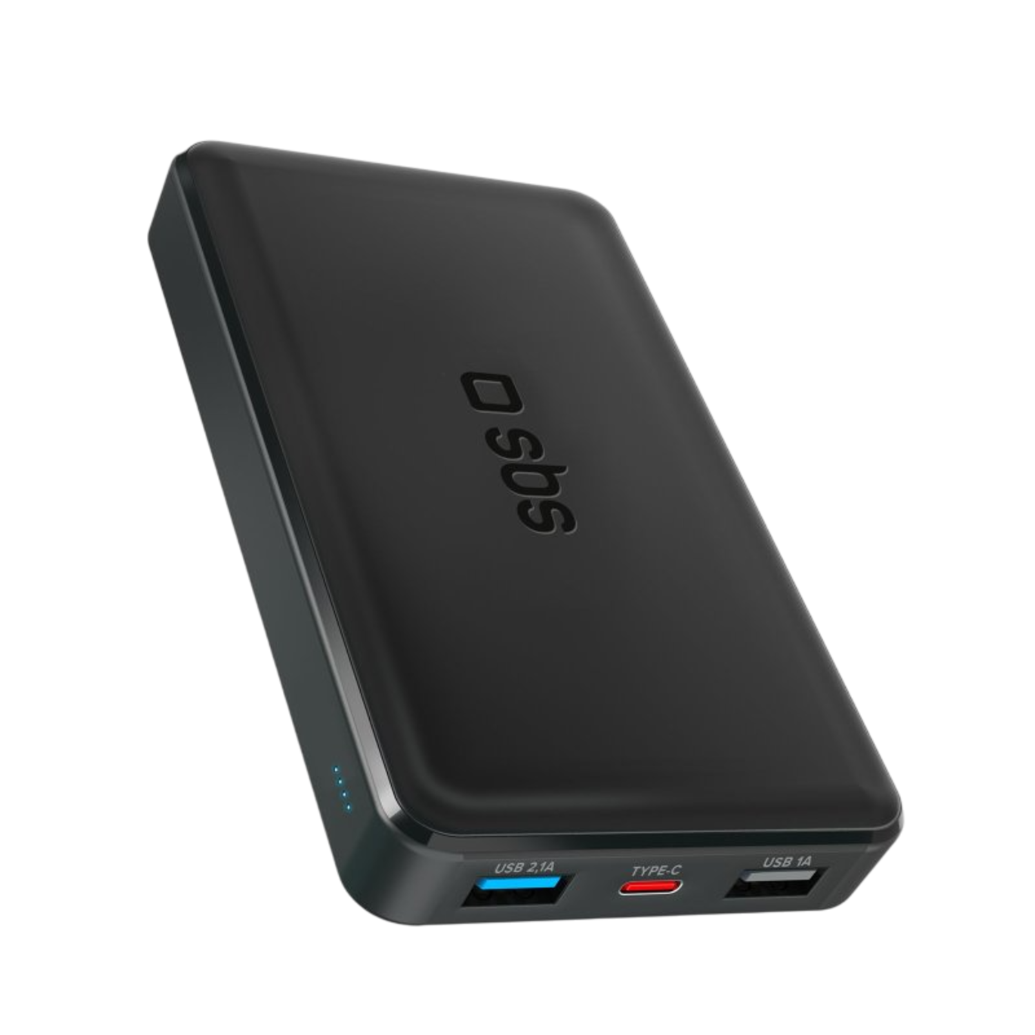 Black power bank with USB ports and the 'sbs' logo. It is angled.