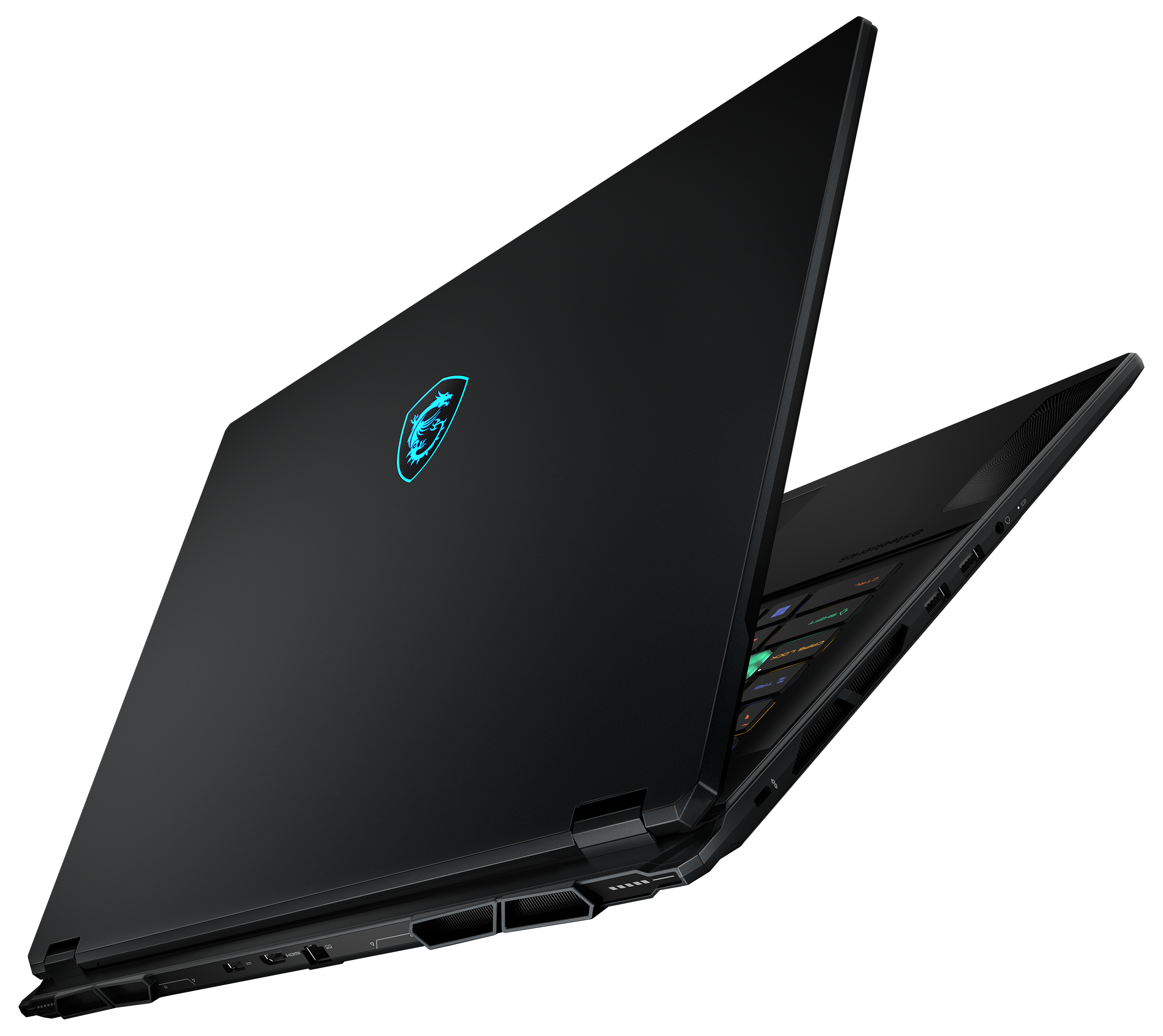 Schwarzer Laptop, geöffnet und Design zeigend.