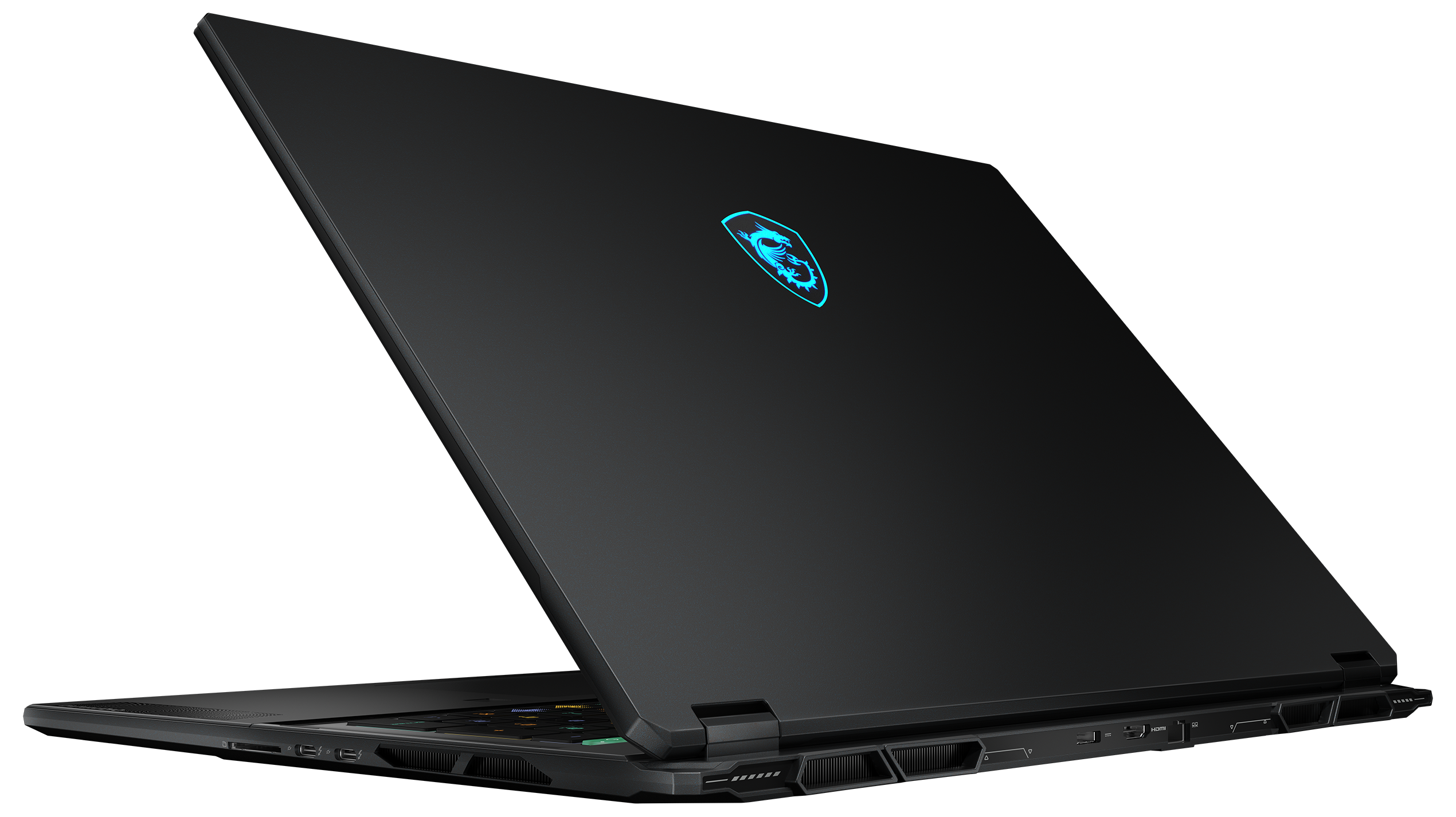 Ein schwarzer Laptop mit geöffnetem Bildschirm. Die Rückseite hat ein Logo.