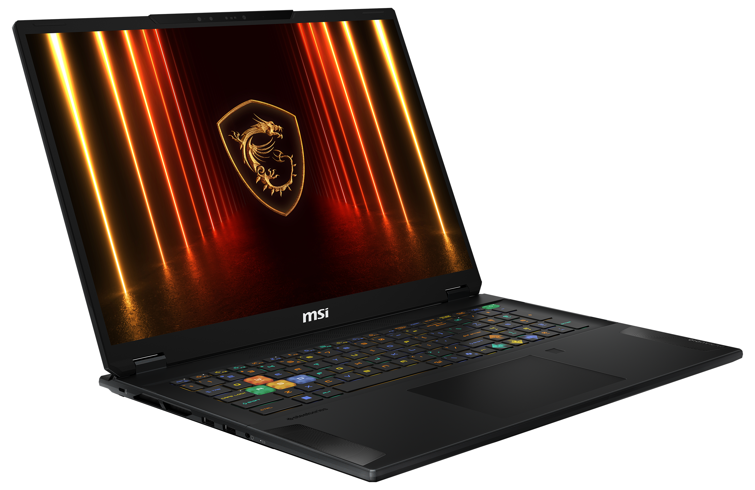 Ein MSI-Laptop mit leuchtendem Logo und bunter Tastatur.