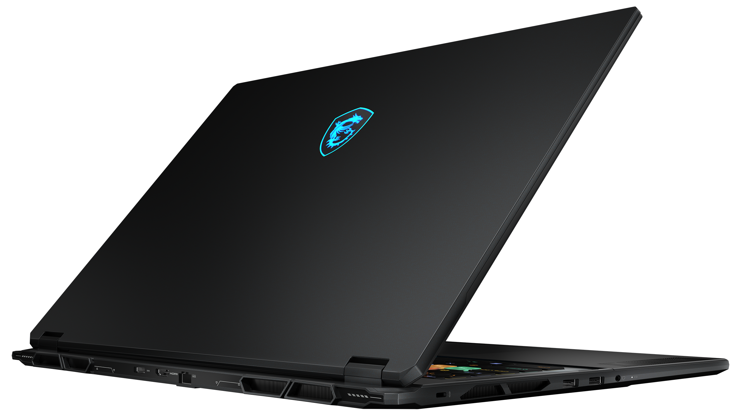 Ein schwarzer Laptop mit geöffnetem Bildschirm. Die Rückseite hat ein Logo.